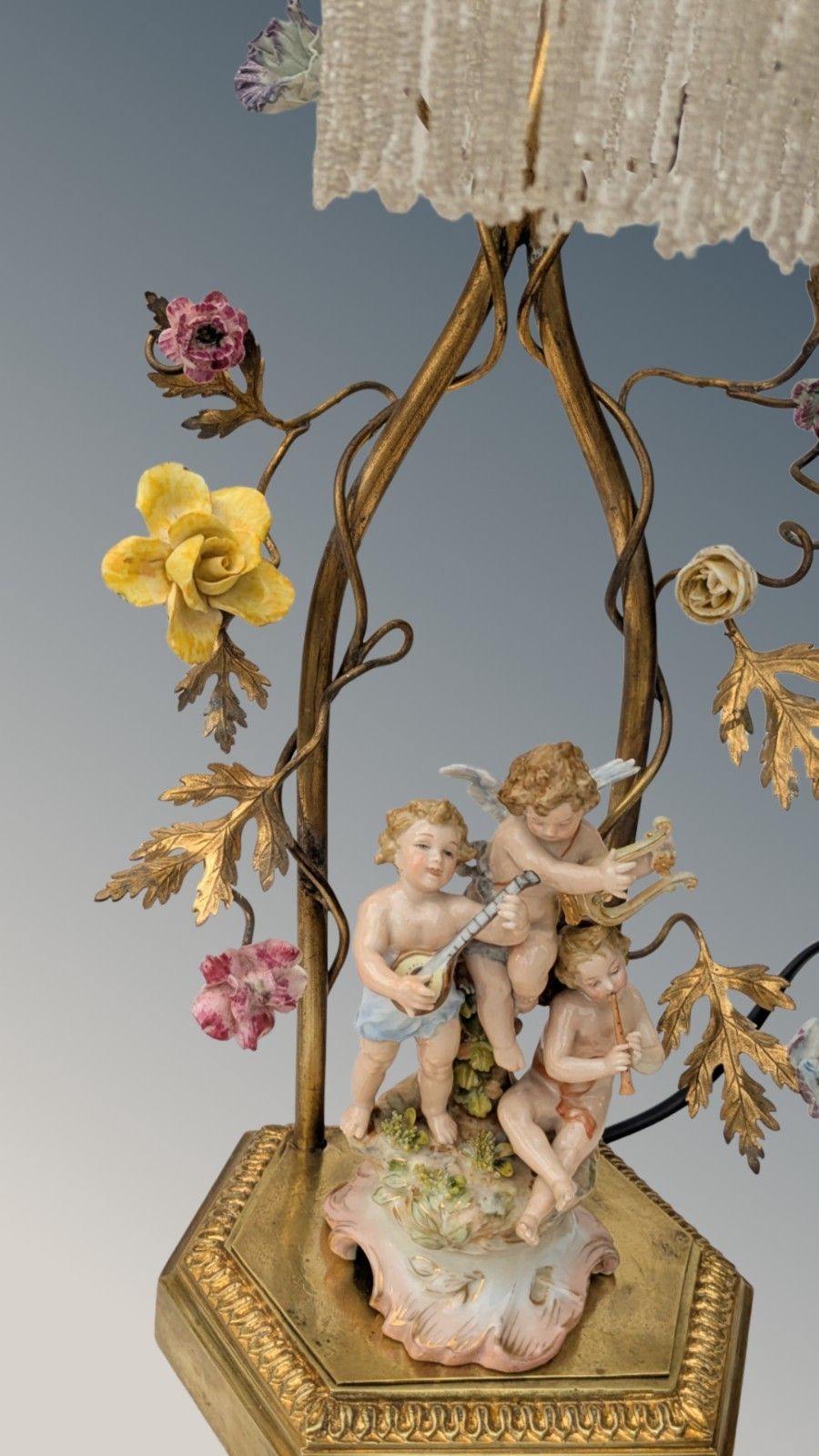 Antique French Porcelain Cherub Lamp Beaded Shade Gilt Toleware photo for sale