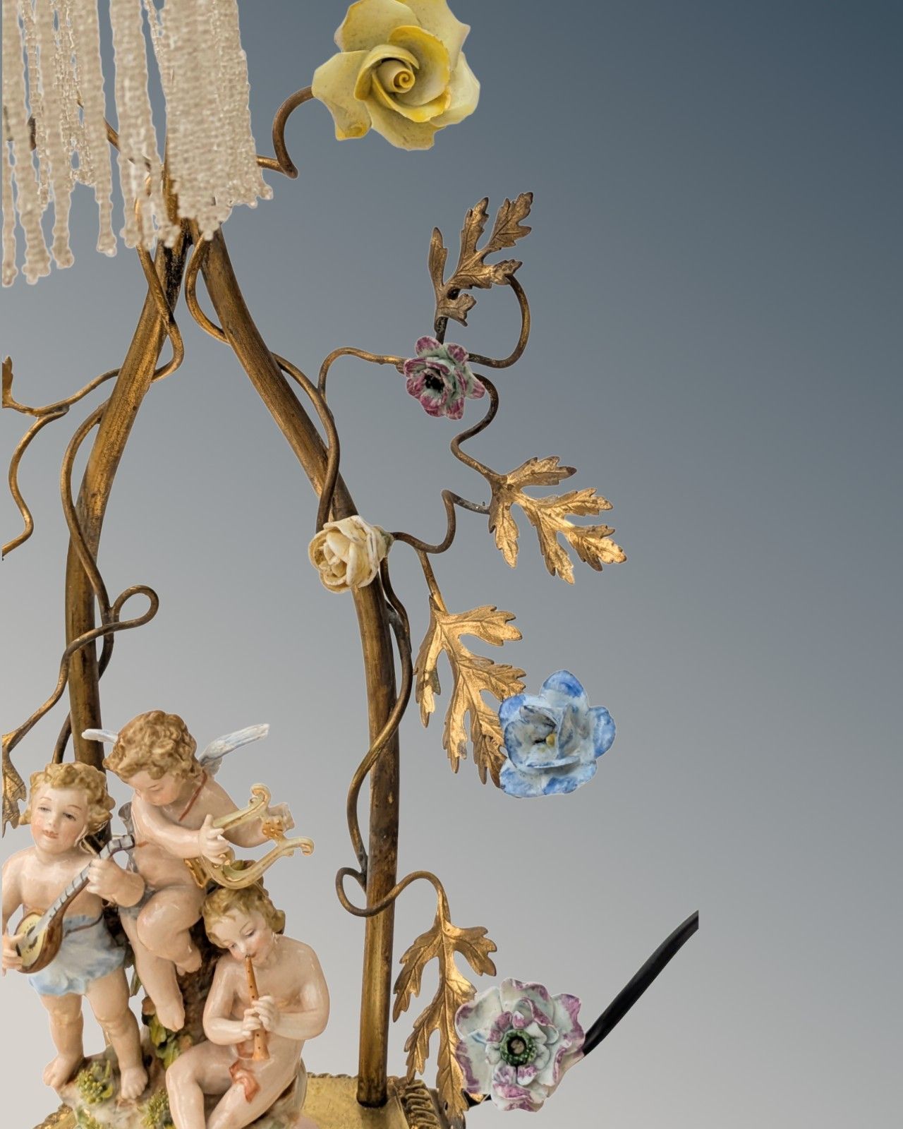 Antique French Porcelain Cherub Lamp Beaded Shade Gilt Toleware photo vinterior