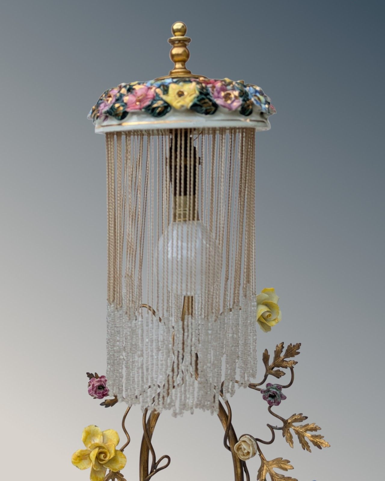 photo furniture Antique French Porcelain Cherub Lamp Beaded Shade Gilt Toleware