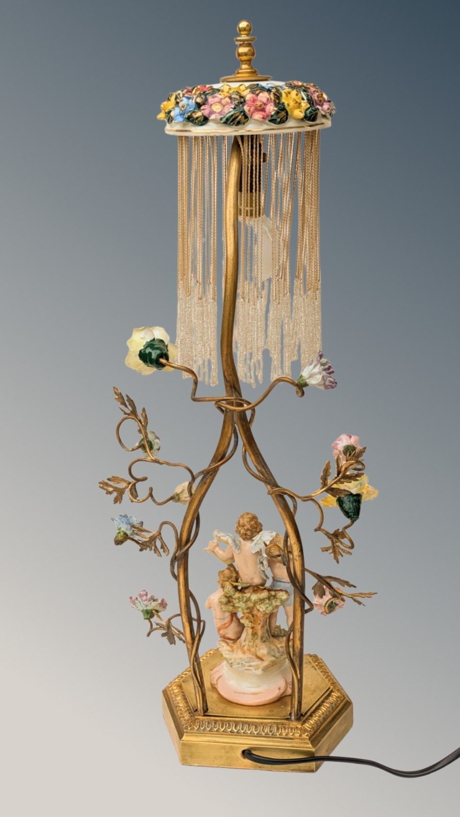 photo for sale Antique French Porcelain Cherub Lamp Beaded Shade Gilt Toleware