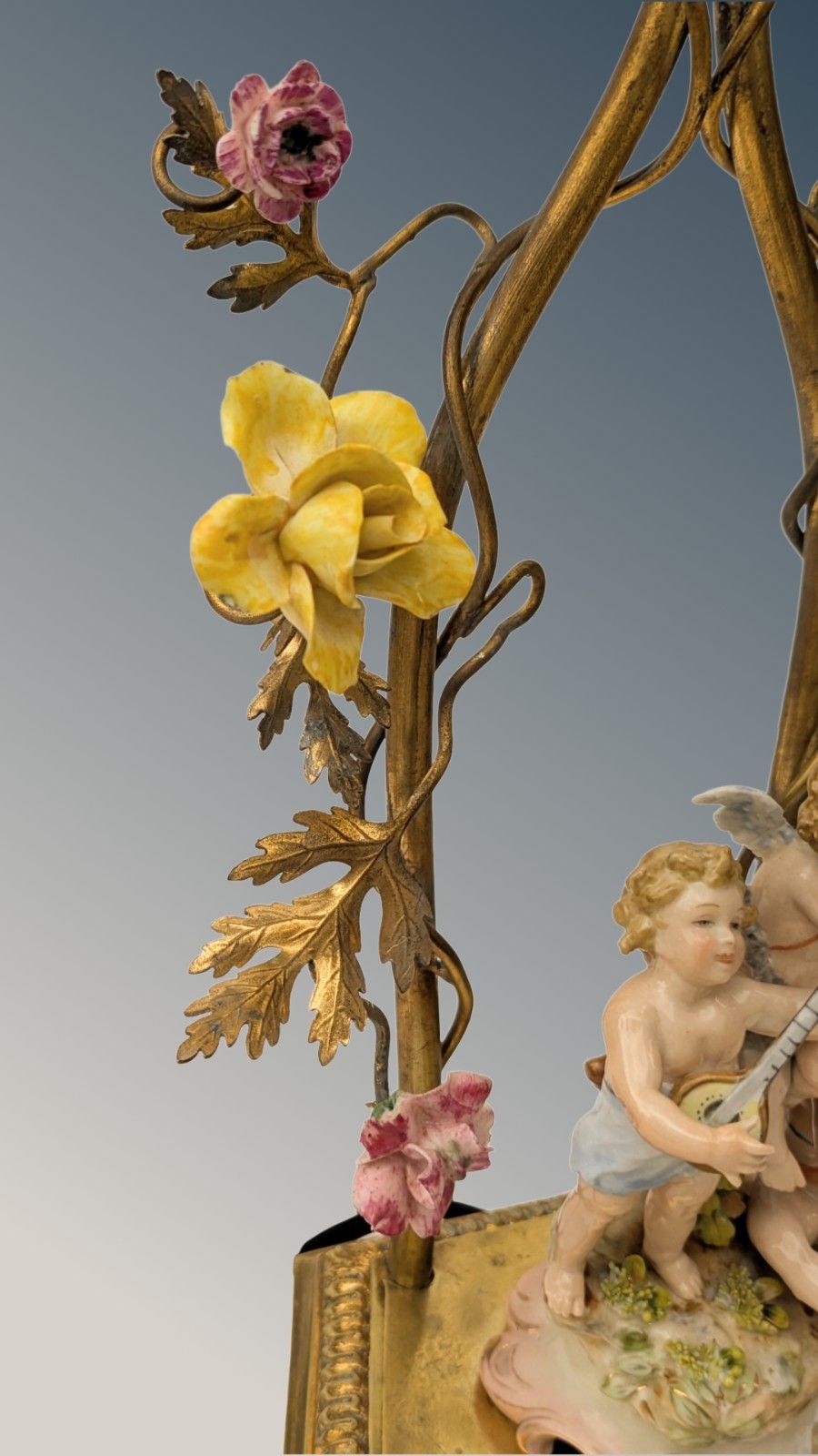 585.0 Antique French Porcelain Cherub Lamp Beaded Shade Gilt Toleware photo