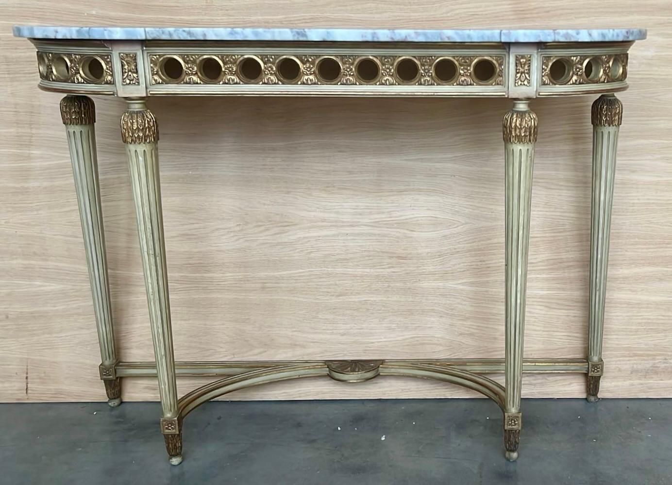 Console demi-lune Louis XVI peinte, plateau en marbre, XIXe siècle photo for sale