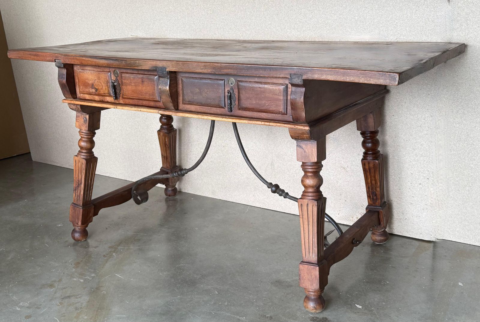 19th Century Solid Oak Baroque Fluted Legs Desk Writing Table Or Console photo for sale