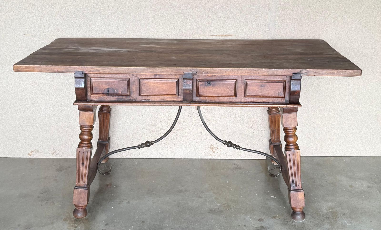 19th Century Solid Oak Baroque Fluted Legs Desk Writing Table Or Console photo vintage
