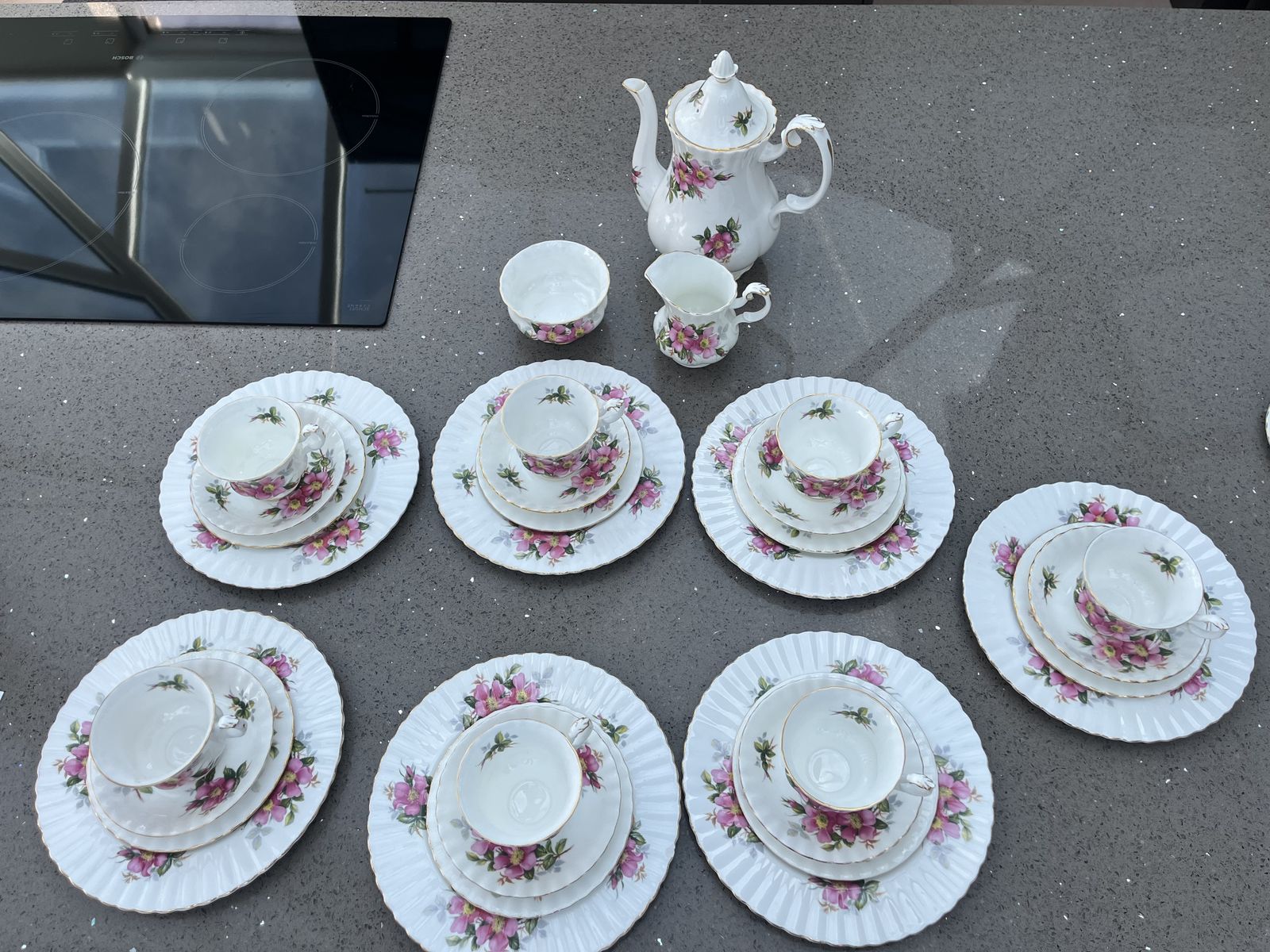 photo for sale Royal Albert Prairie Rose Collection Of Teacups, Saucers, Lunch/Salad Plates, Sugar Bowl, Cream Jug And Coffee Pot, Made In 1962