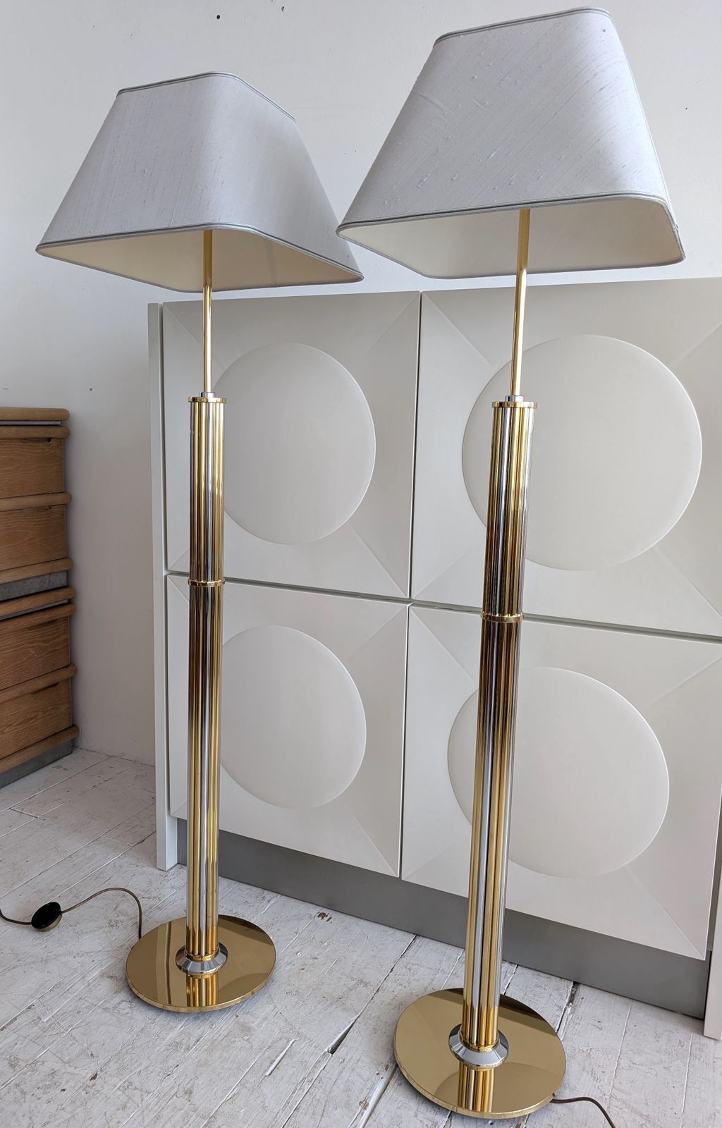 Gorgeous Vintage Gold & Chrome Floor Lamps, By Baulmann, Germany 1980s. Pair Available photo furniture