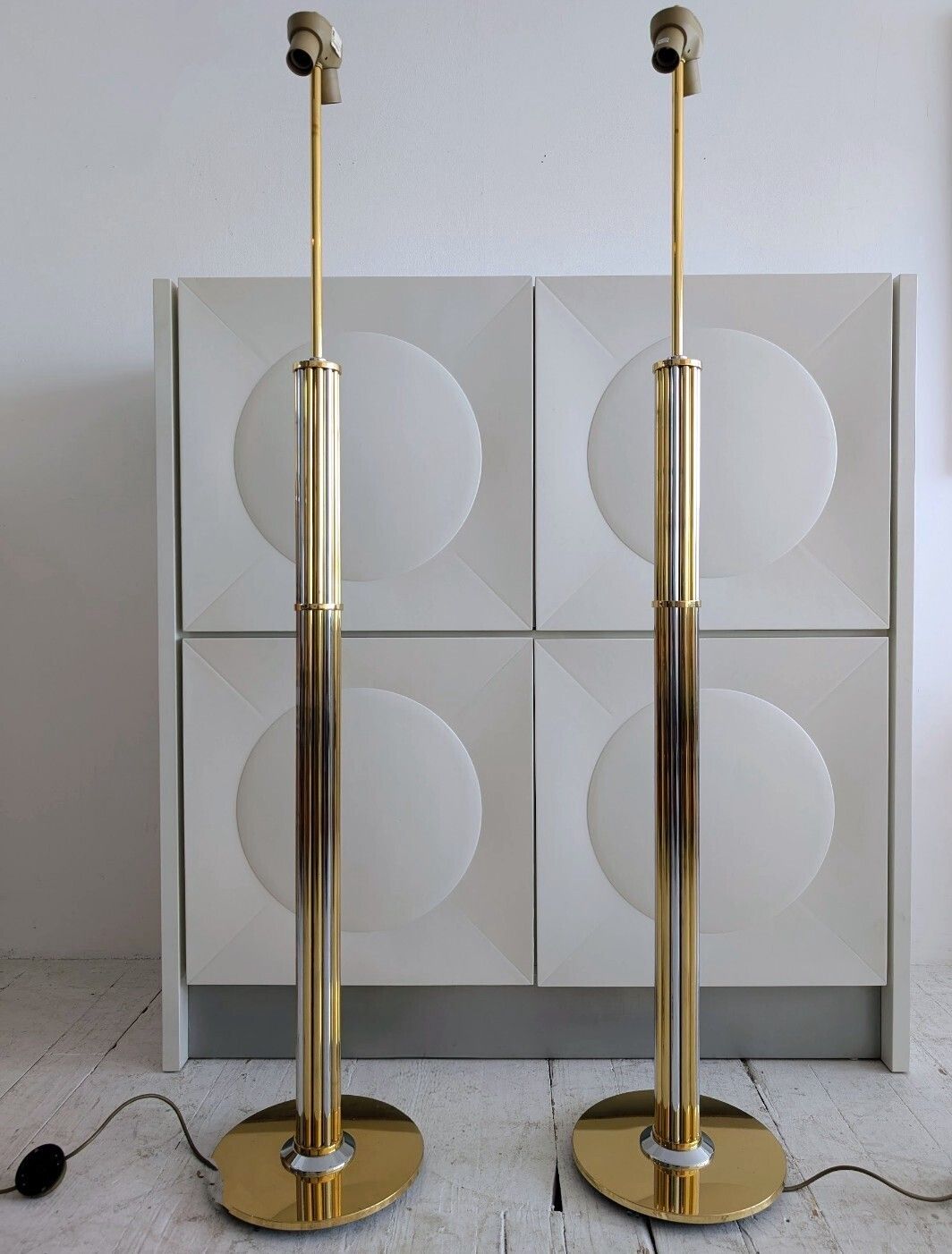 Gorgeous Vintage Gold & Chrome Floor Lamps, By Baulmann, Germany 1980s. Pair Available photo vintage