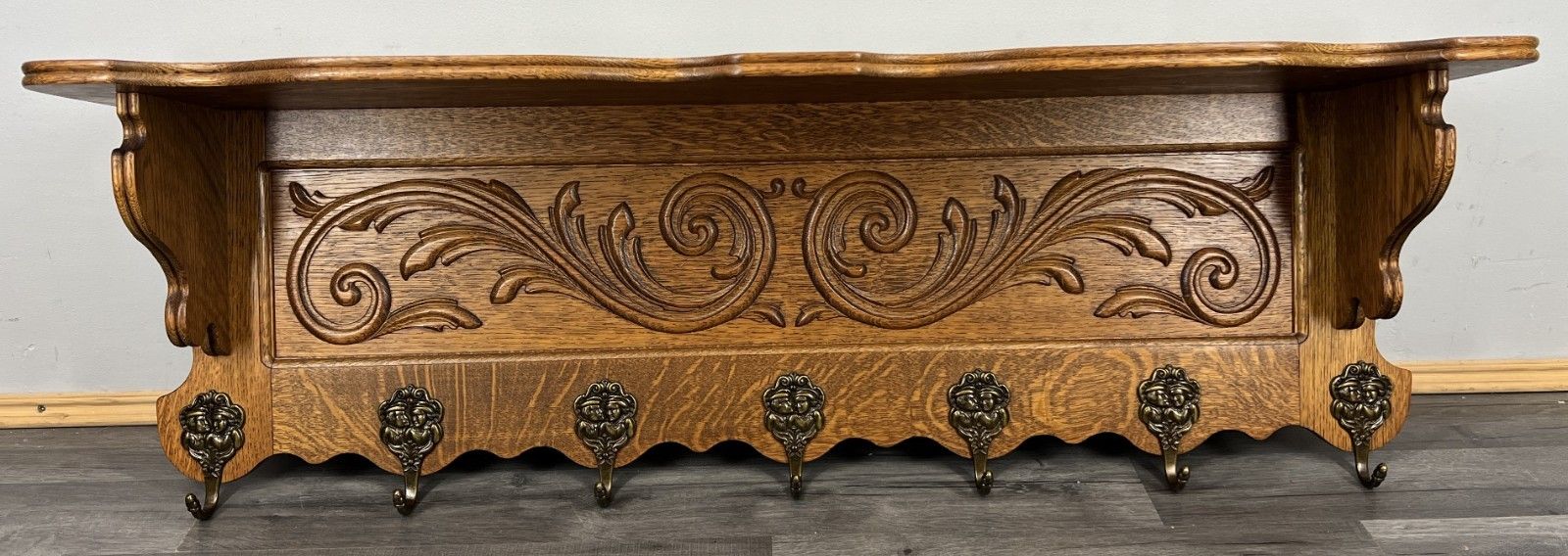 French Vintage Coat Rack Oak 7 Hooks Ornate Wall Shelf Carved Coat Lot 4238 photo furniture