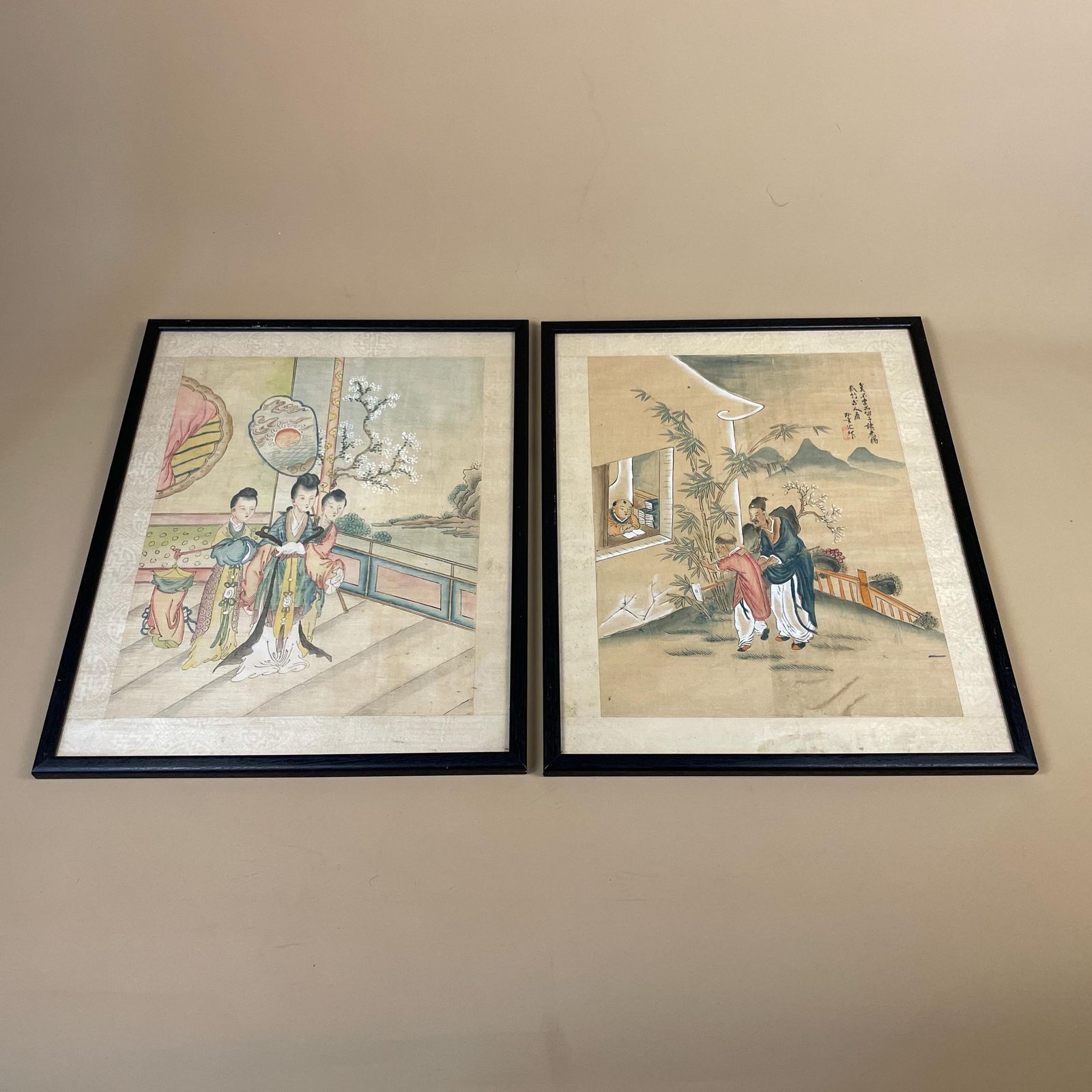 Pair Of Antique Japanese Oriental Art Hand Painted 43x34cm Picture Wood Black Frame Framed Original Art Work Old Fabric Cloth