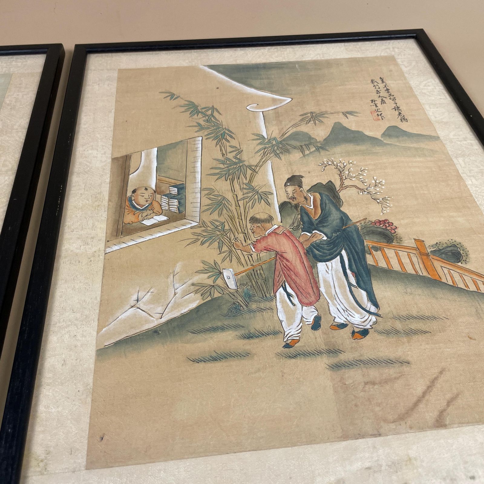 Pair Of Antique Japanese Oriental Art Hand Painted 43x34cm Picture Wood Black Frame Framed Original Art Work Old Fabric Cloth photo vinterior