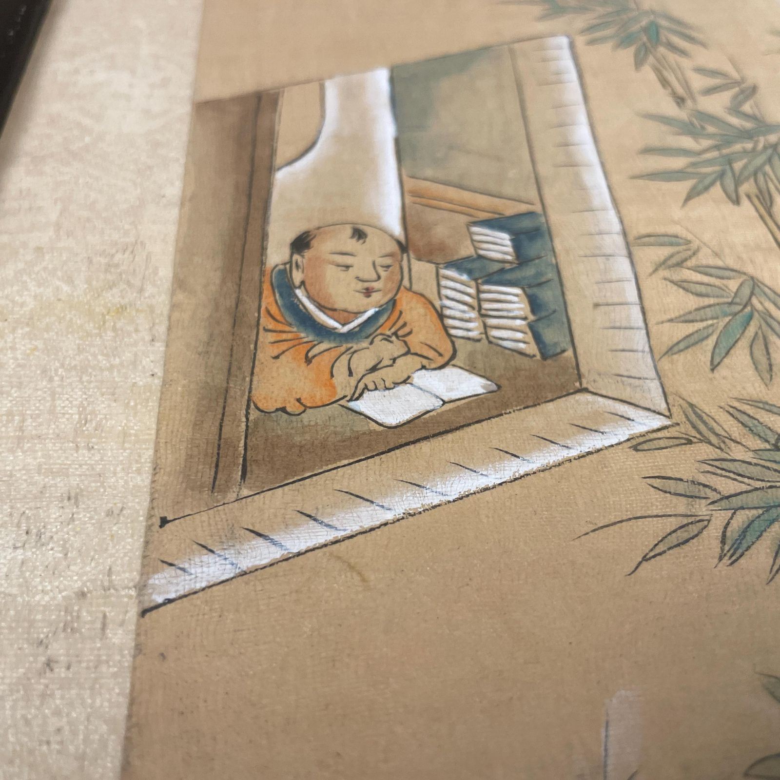Pair Of Antique Japanese Oriental Art Hand Painted 43x34cm Picture Wood Black Frame Framed Original Art Work Old Fabric Cloth photo buy