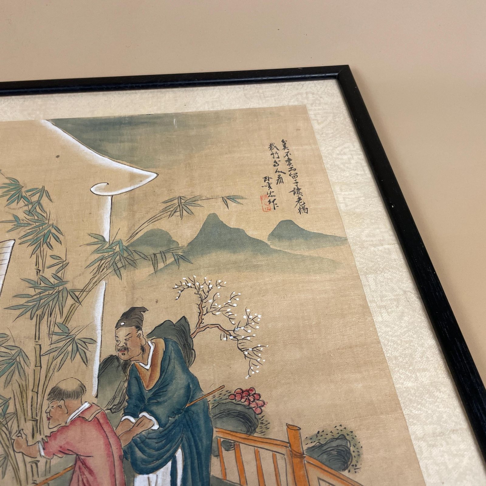 photo furniture Pair Of Antique Japanese Oriental Art Hand Painted 43x34cm Picture Wood Black Frame Framed Original Art Work Old Fabric Cloth
