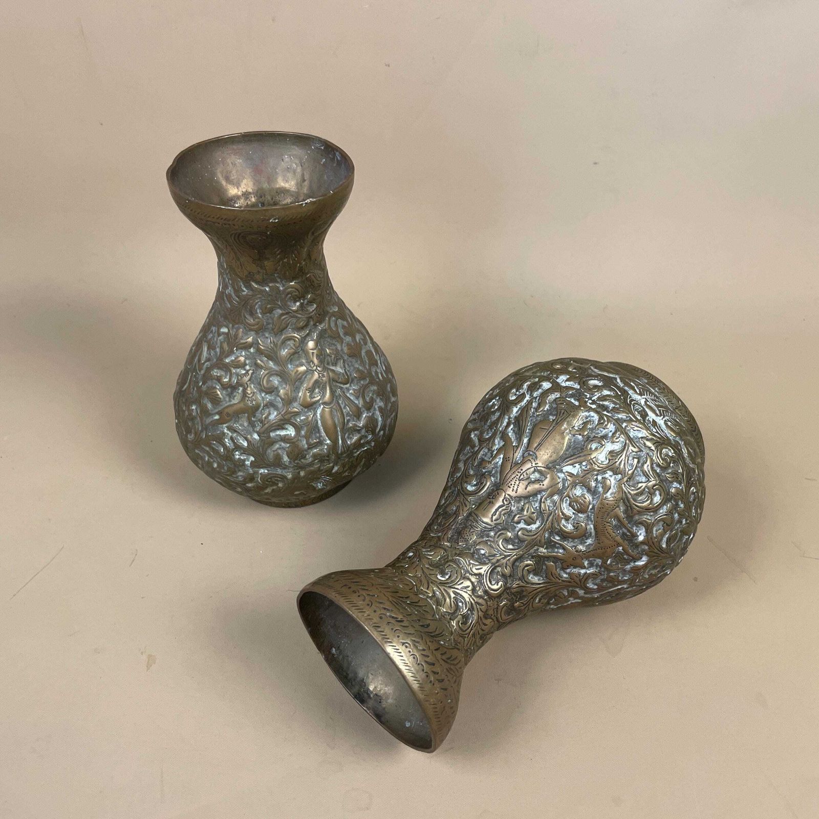 Pair Of Antique Metal Gold Indian Patterned Brass Vase Pot Planter Jardiniere Asian Handmade Engraved Etched Intricate Vintage Decorative photo furniture