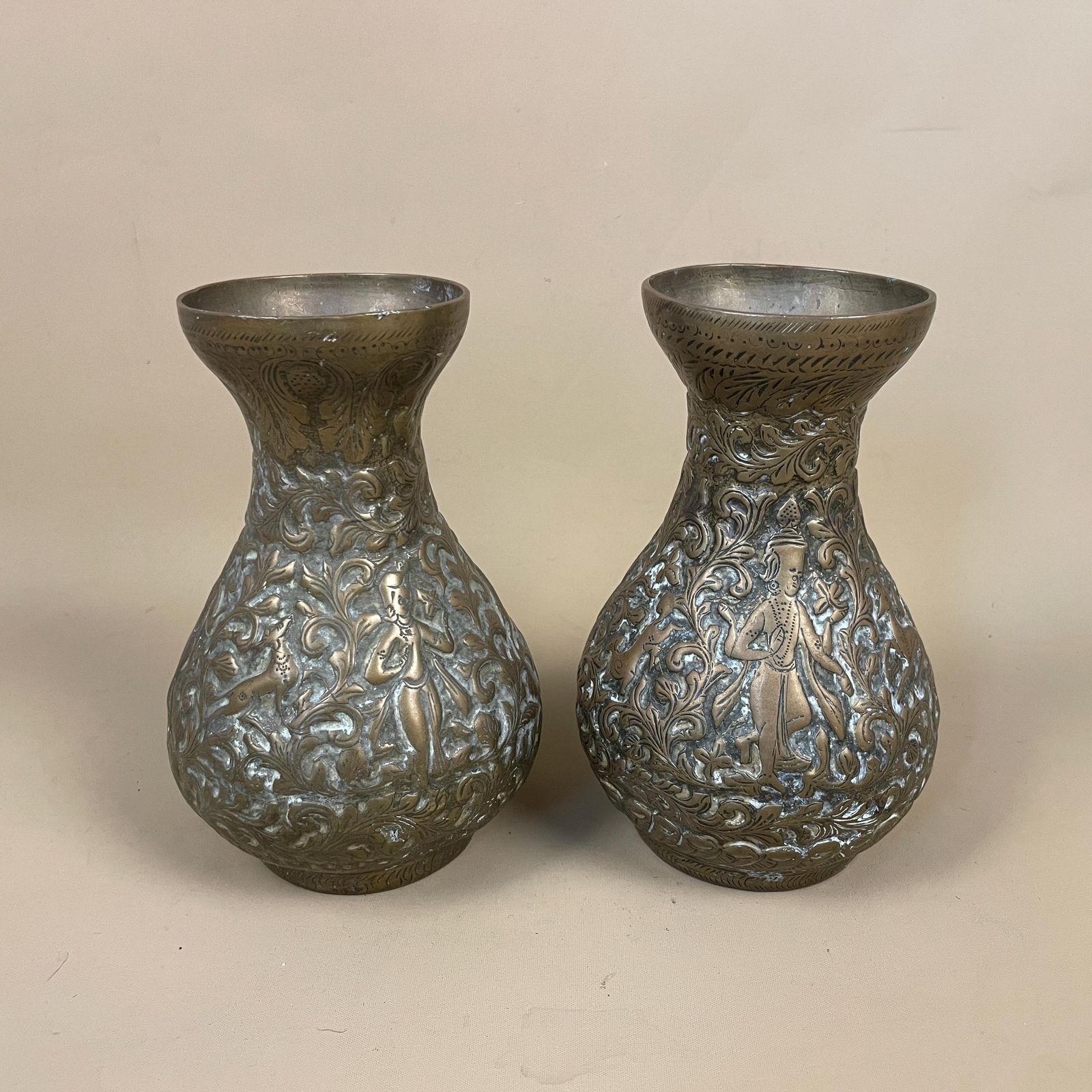 Pair Of Antique Metal Gold Indian Patterned Brass Vase Pot Planter Jardiniere Asian Handmade Engraved Etched Intricate Vintage Decorative photo Home Decor
