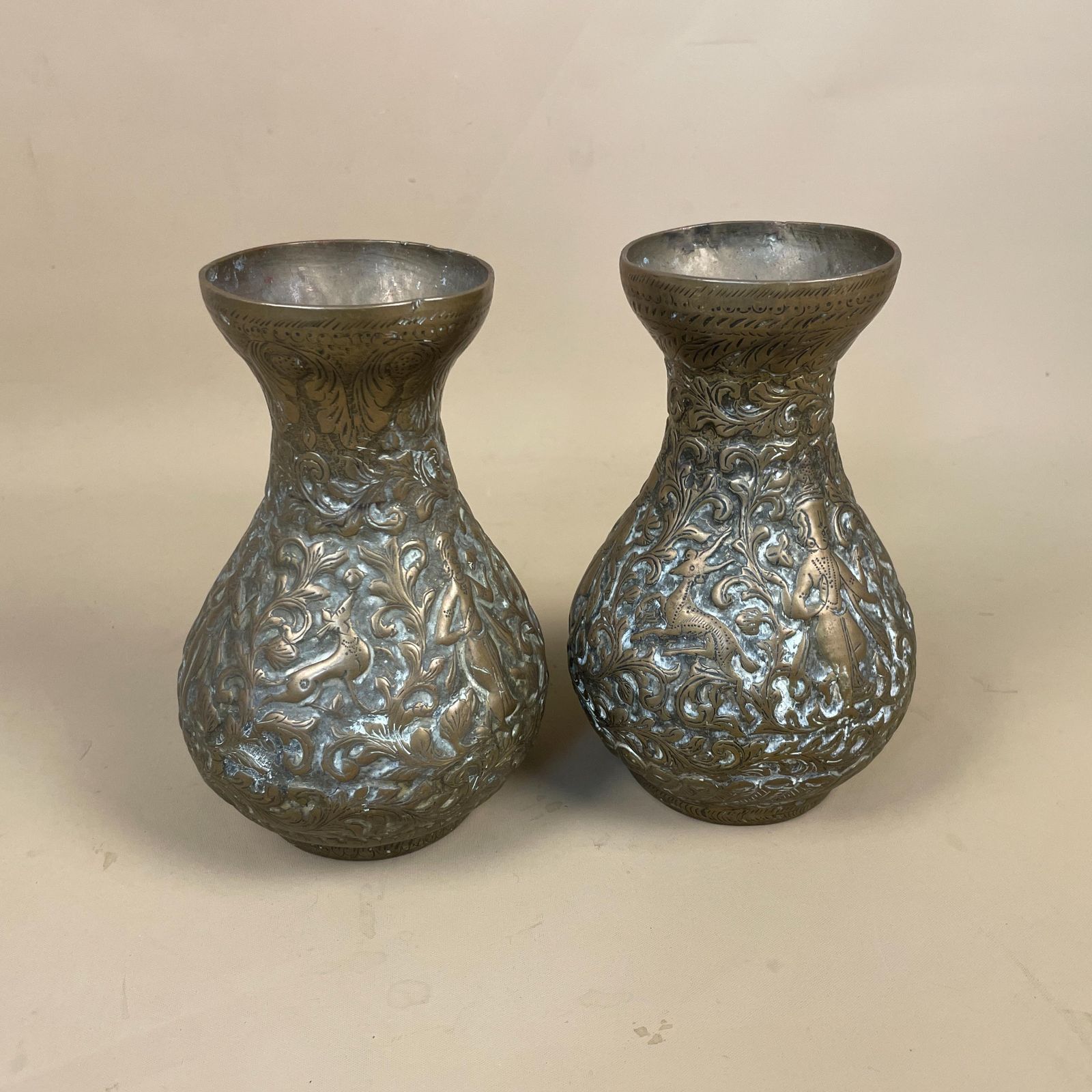 Pair Of Antique Metal Gold Indian Patterned Brass Vase Pot Planter Jardiniere Asian Handmade Engraved Etched Intricate Vintage Decorative photo vintage