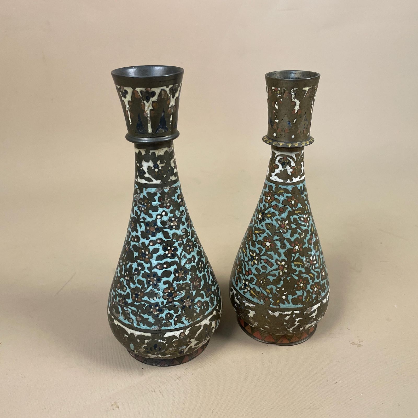 Pair Of Antique Metal Gold Indian Patterned Brass Vase Pot Planter Jardiniere Asian Handmade Engraved Enamel Intricate Vintage Decorative photo for sale