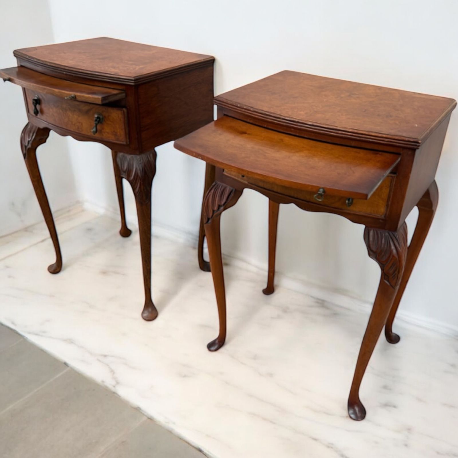 Pair Of Antique Burr Walnut Bedside Tables 1930s Queen Anne photo for sale