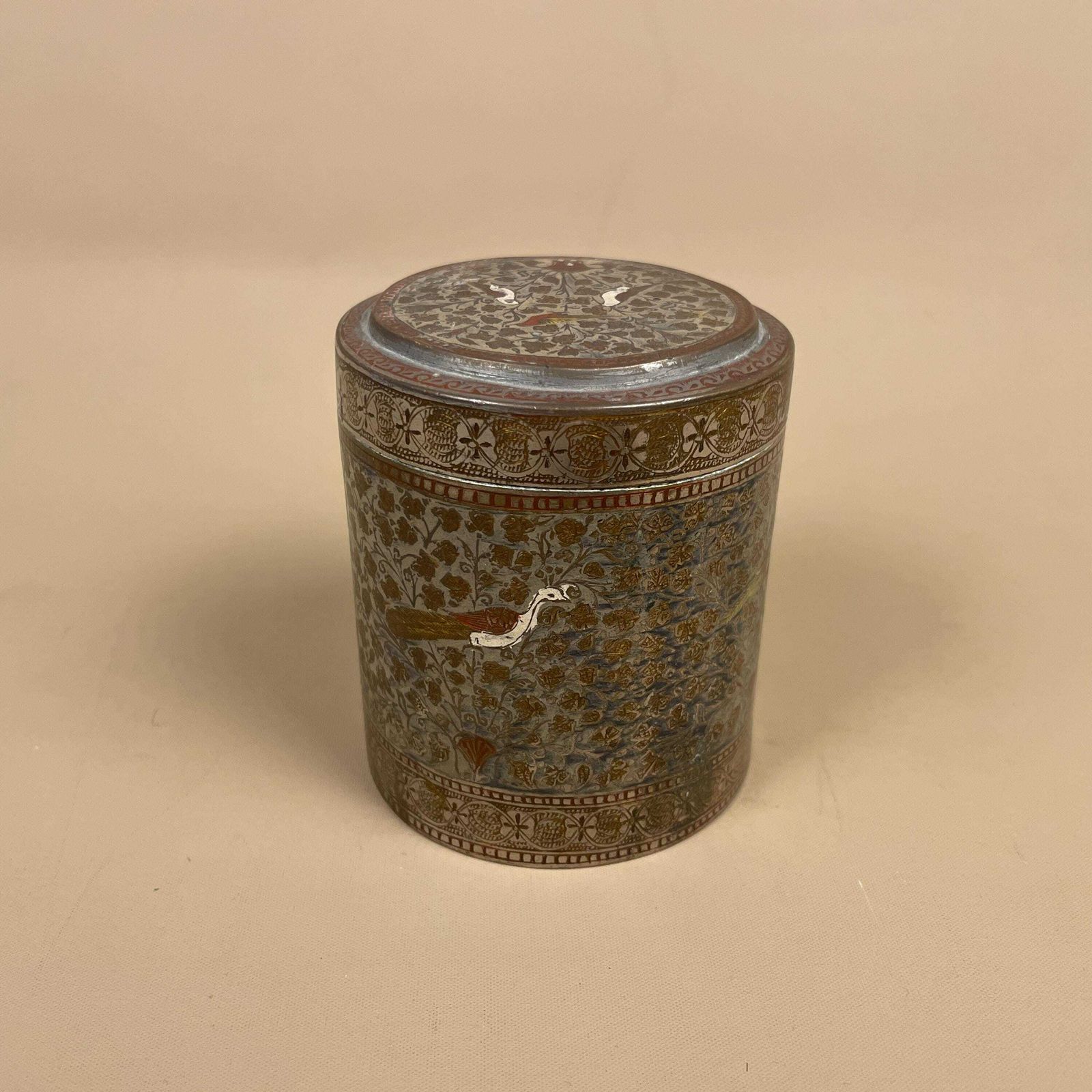 Antique Metal Gold Indian Patterned Brass Pot Lidded Lid Cylinder Asian Round Handmade Engraved Intricate Vintage Decorative Traditional