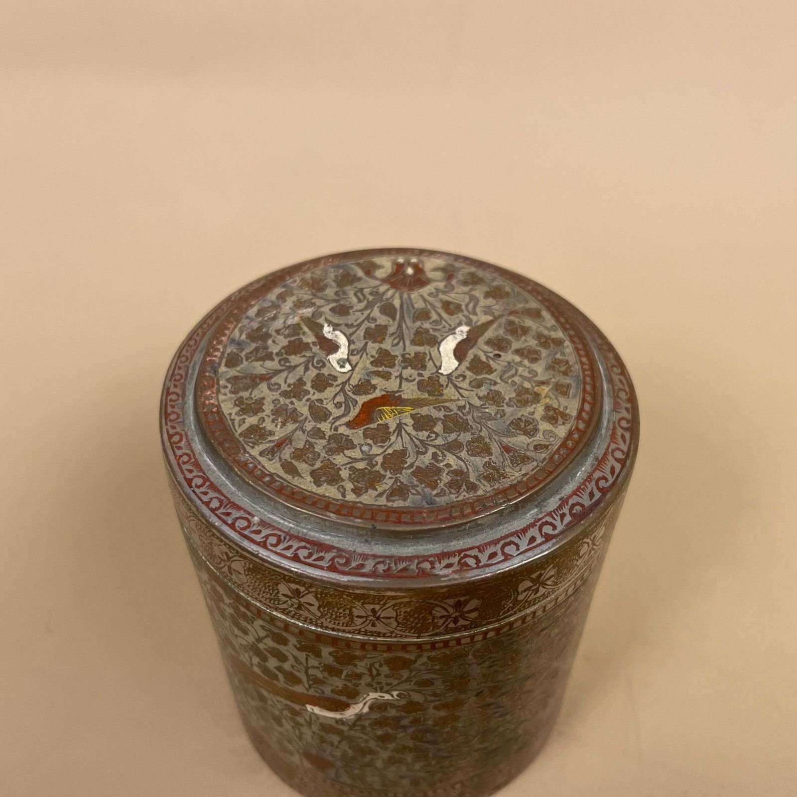 Antique Metal Gold Indian Patterned Brass Pot Lidded Lid Cylinder Asian Round Handmade Engraved Intricate Vintage Decorative Traditional photo buy
