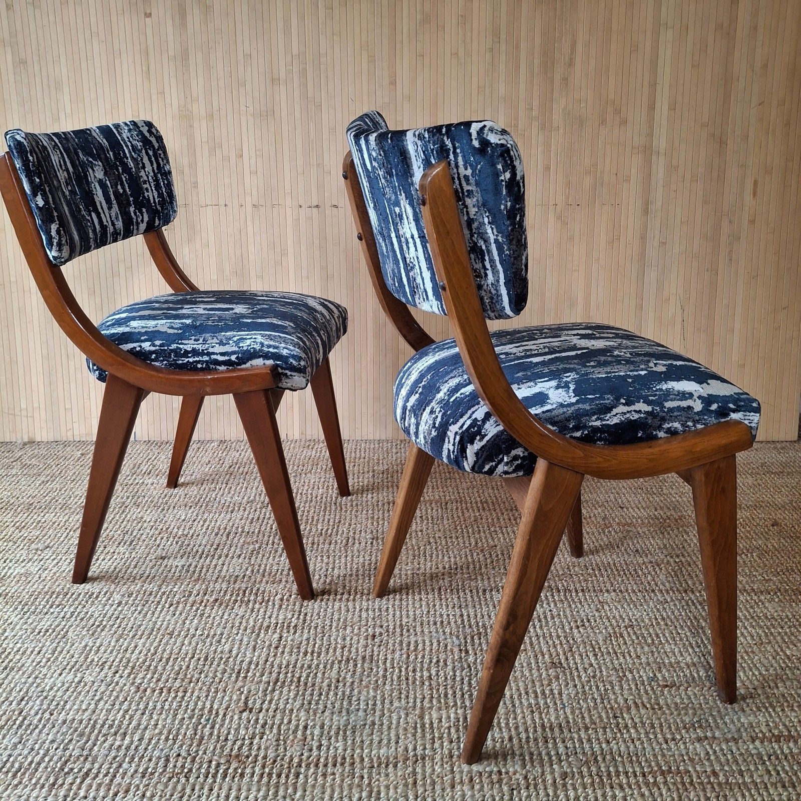 Fab Set Of 2 Vintage Mid Century Centa Dining Kitchen Chairs Blue Texture Velvet photo furniture