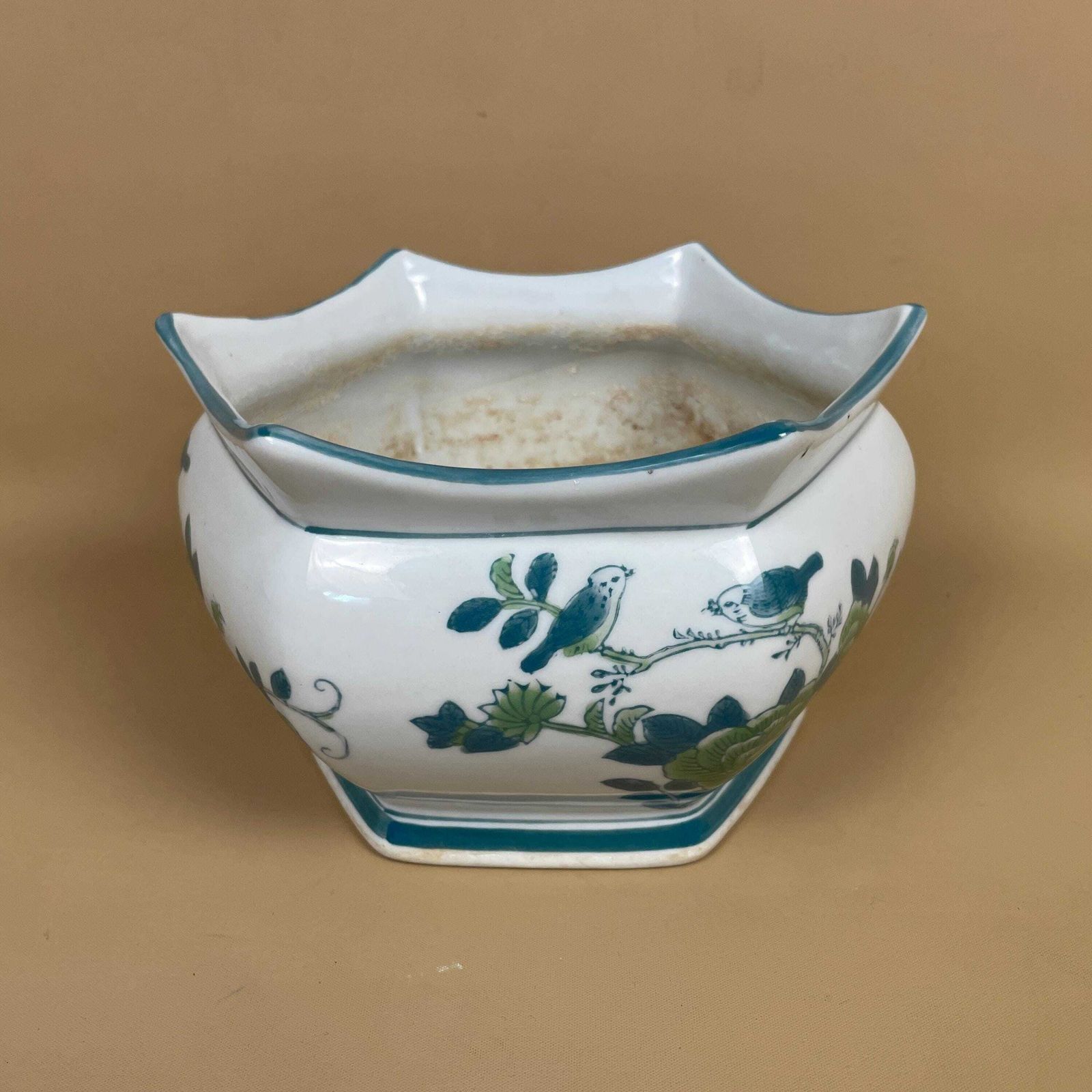Vintage Ceramic Planter Pot Bird Floral Design Scalloped Rim Japanese Cachepot Hand Painted Vase Green White Table Bowl Display photo vinterior