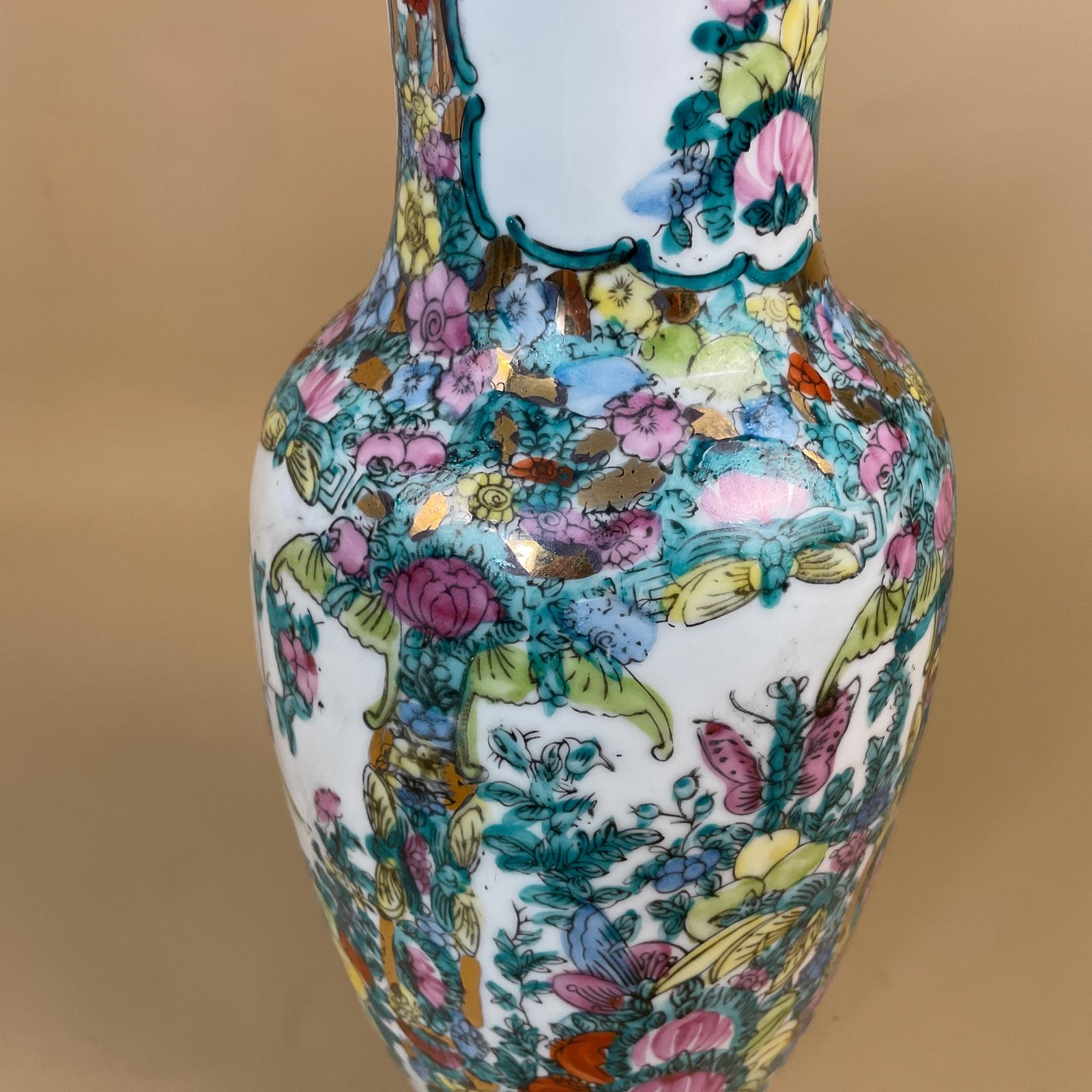 Vintage Oriental Ceramic Vase Floral Butterfly Design Hand Painted Chinese Porcelain Mid Century Asian Table Flower Display photo Home Decor