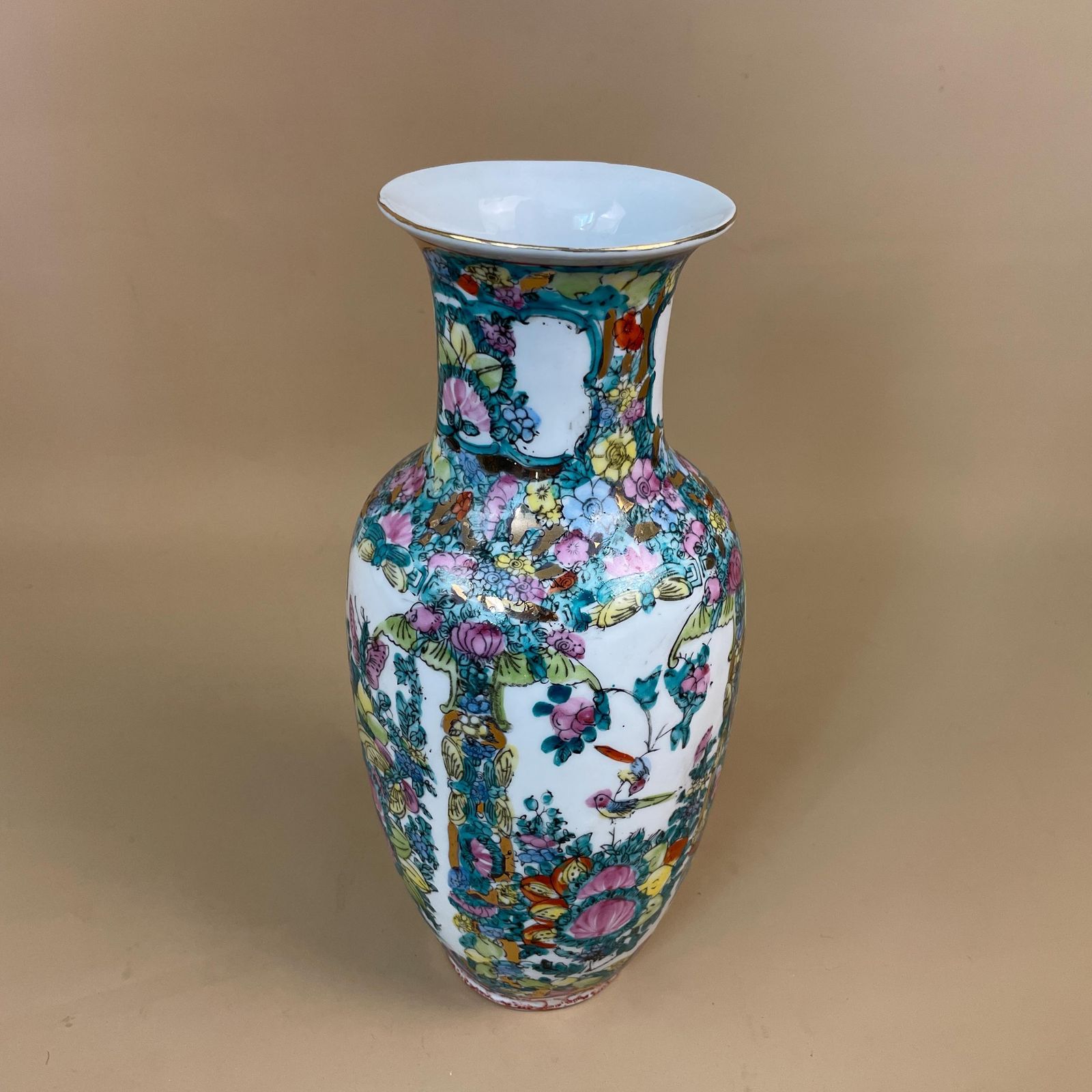 Vintage Oriental Ceramic Vase Floral Butterfly Design Hand Painted Chinese Porcelain Mid Century Asian Table Flower Display photo vinterior