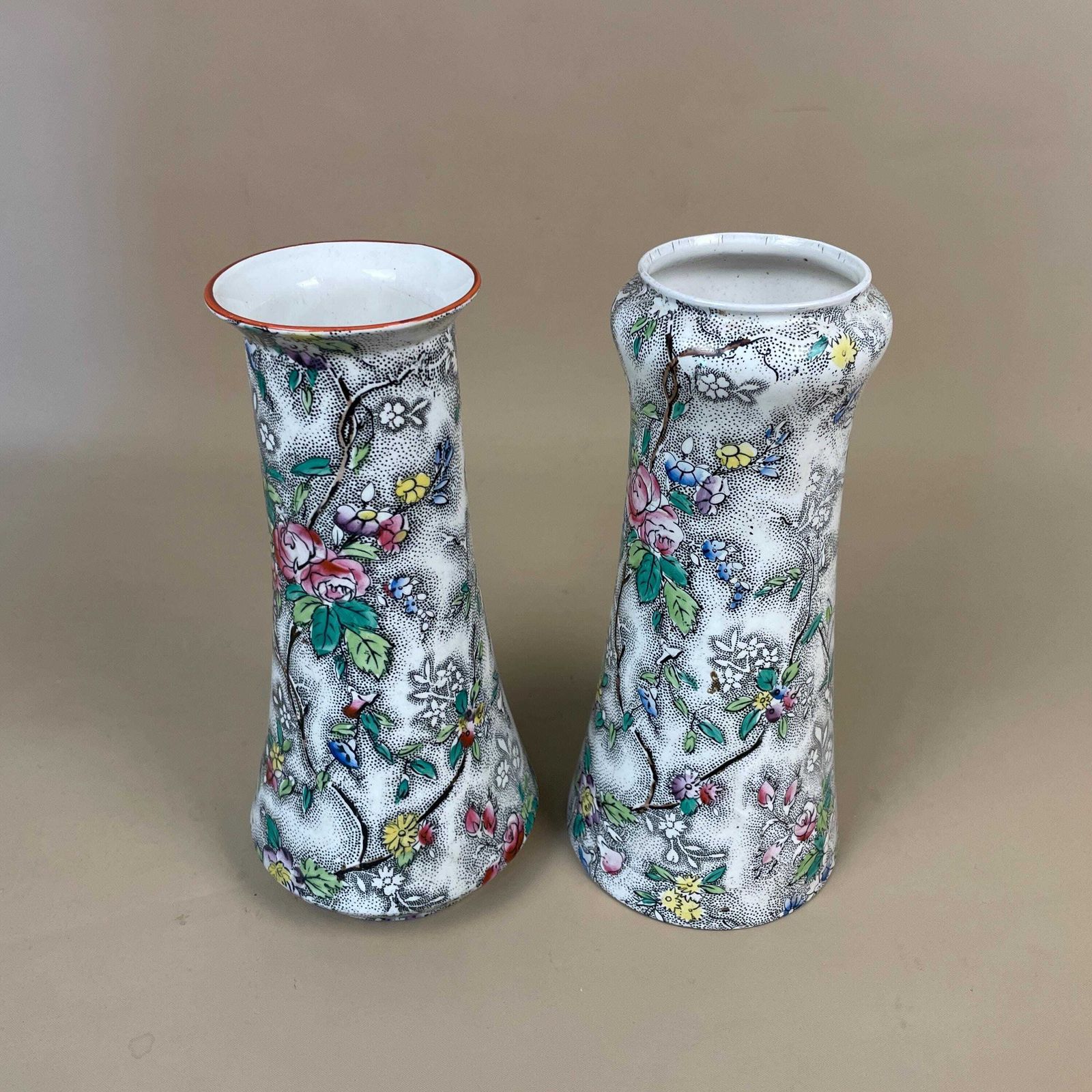 Pair Floral Ceramic Vases Decorative Display Hand Painted Chinoiserie Oriental Flower Vases Mid Century Made In England Pots X2 White