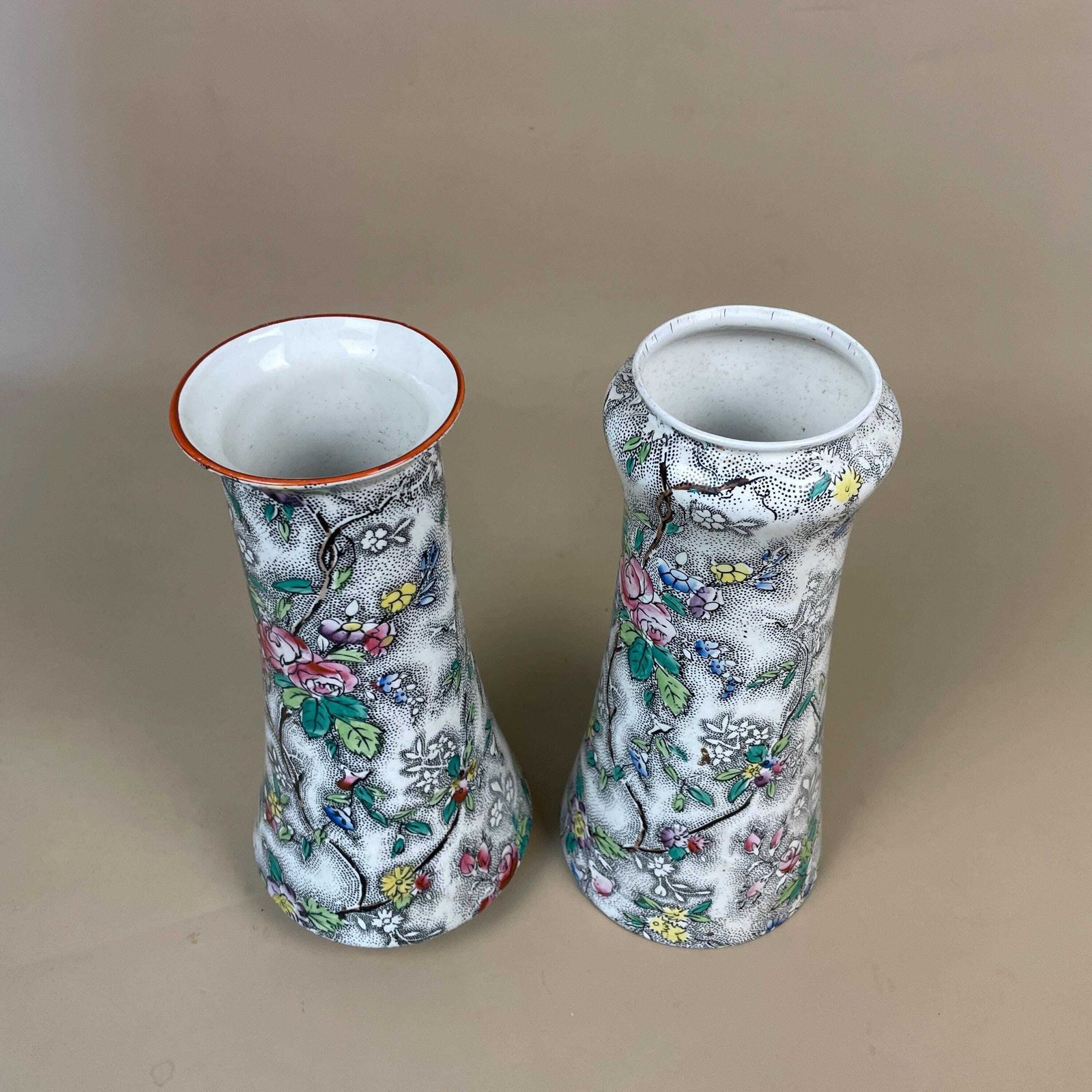 Pair Floral Ceramic Vases Decorative Display Hand Painted Chinoiserie Oriental Flower Vases Mid Century Made In England Pots X2 White photo for sale