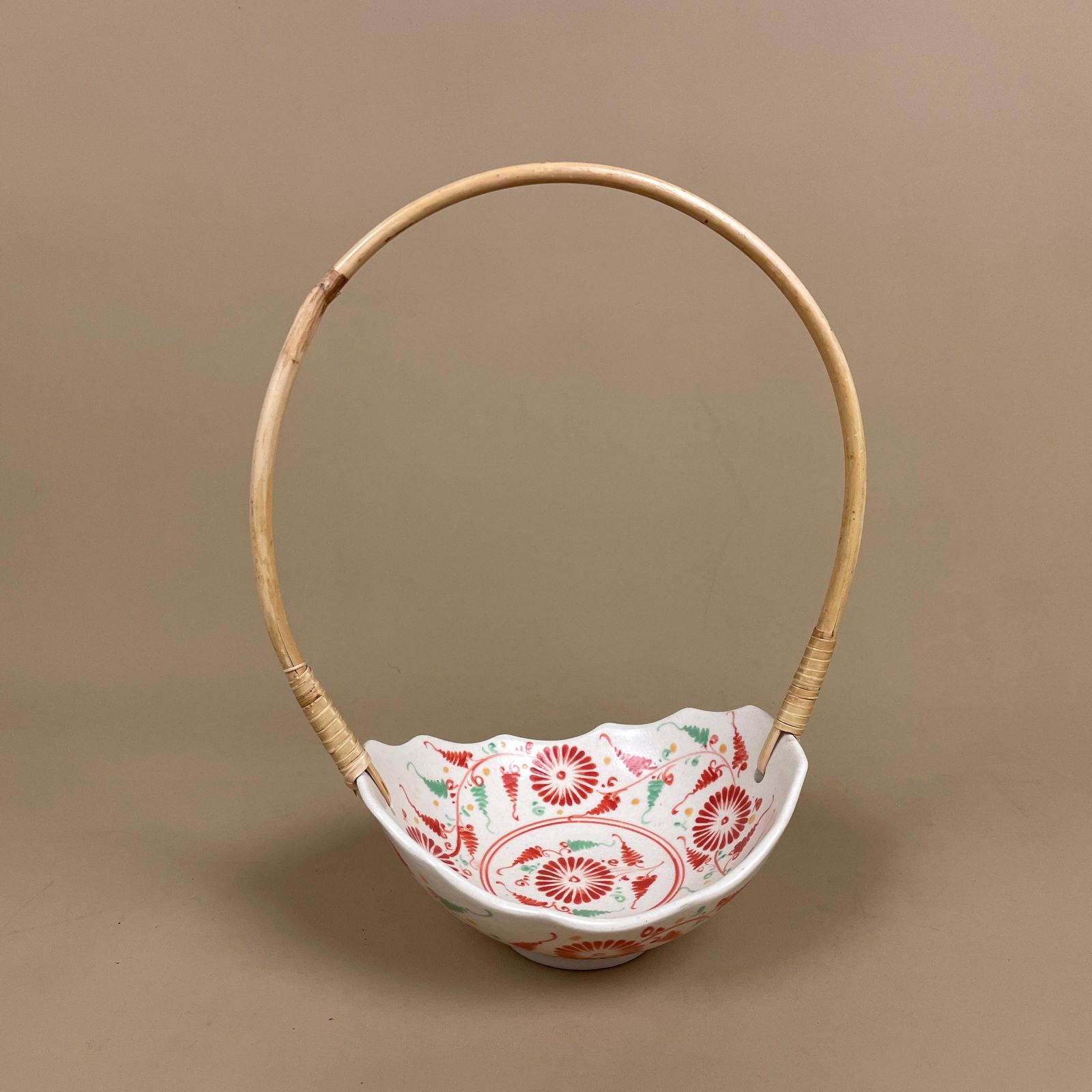 Japanese Ceramic Basket Bowl With Bamboo Handle Red Floral Hand Painted Display Imari Vintage Hand Painted Asian Ceramic Decor Trinket Dish
