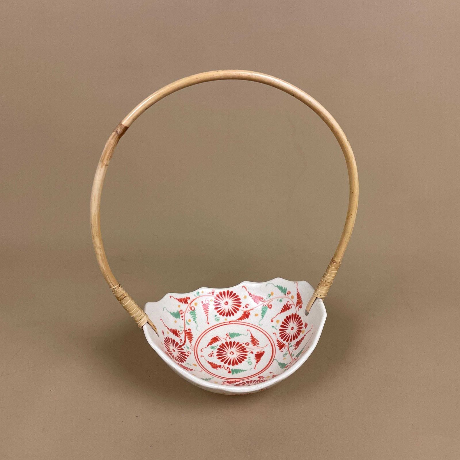 Japanese Ceramic Basket Bowl With Bamboo Handle Red Floral Hand Painted Display Imari Vintage Hand Painted Asian Ceramic Decor Trinket Dish photo furniture