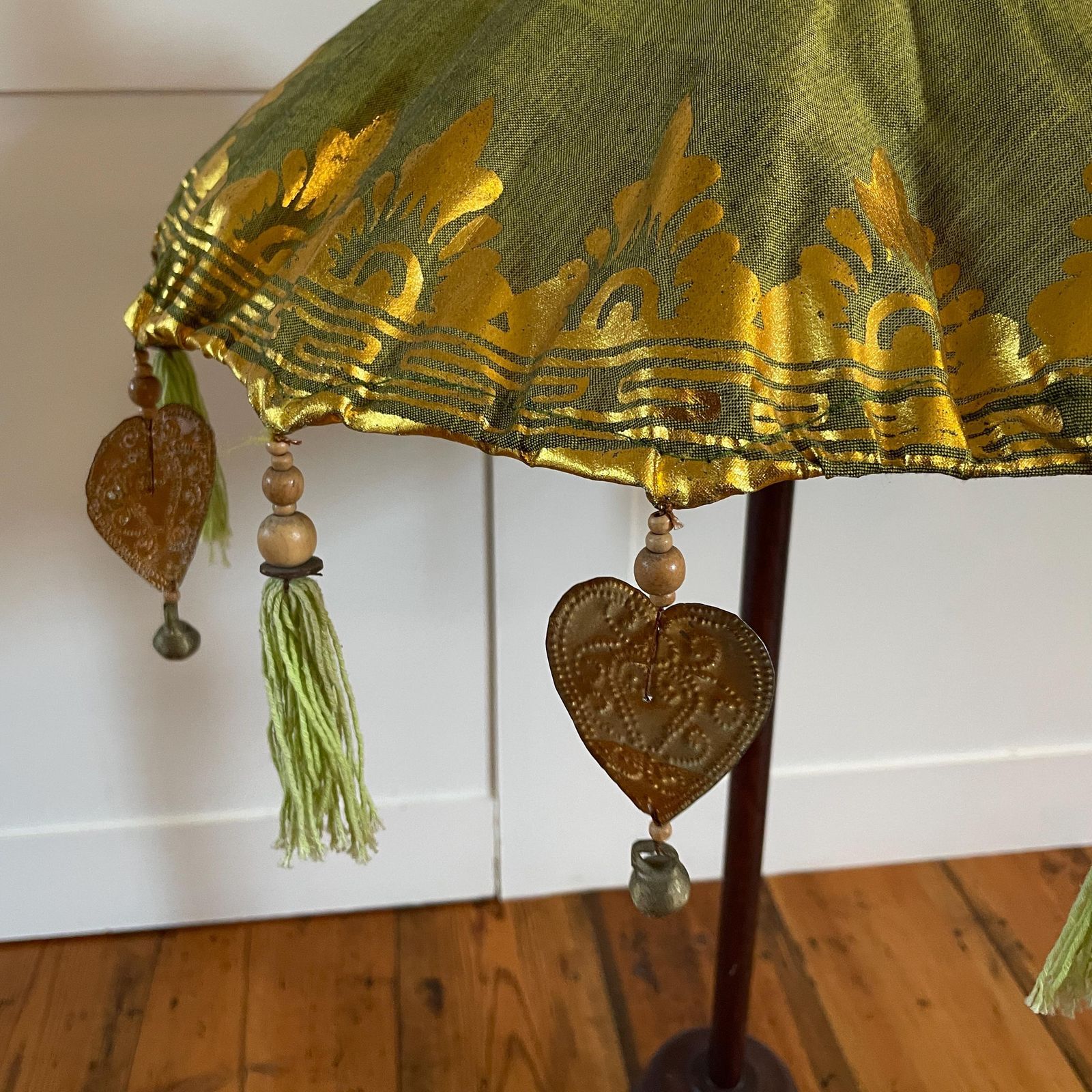 Balinese Green Gold Parasol Umbrella Decorative Tassel Temple Shade Stand Boho Exotic Vintage Decor Handcrafted Bali Art Wooden Base Accent photo furniture