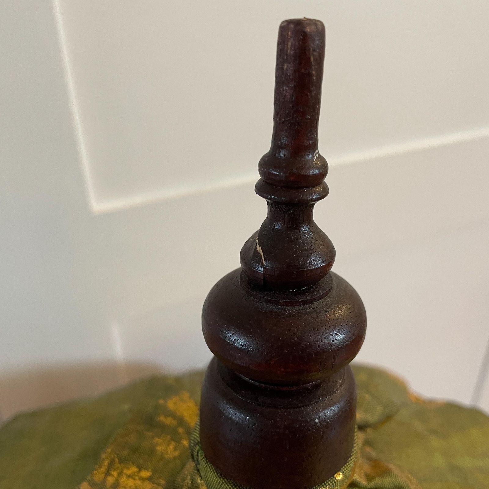 photo furniture Balinese Green Gold Parasol Umbrella Decorative Tassel Temple Shade Stand Boho Exotic Vintage Decor Handcrafted Bali Art Wooden Base Accent