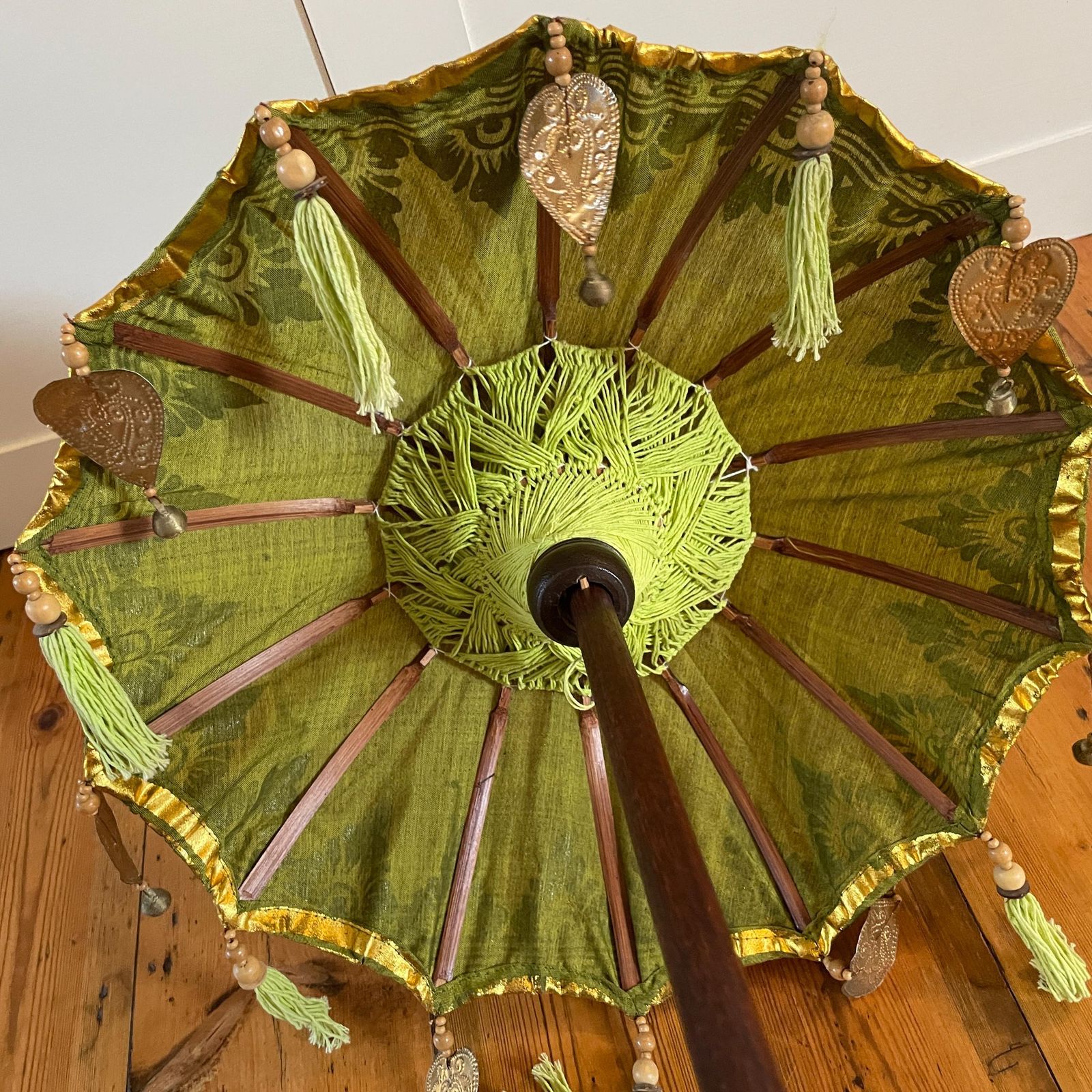 116.0 Balinese Green Gold Parasol Umbrella Decorative Tassel Temple Shade Stand Boho Exotic Vintage Decor Handcrafted Bali Art Wooden Base Accent photo