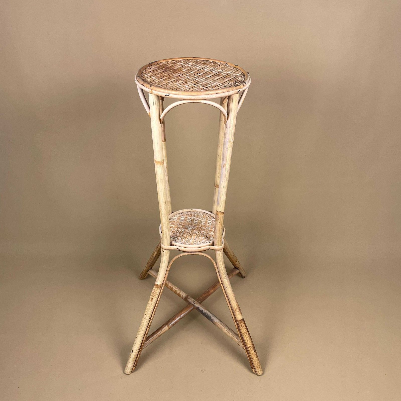 Vintage Bamboo Plant Stand Two Tier Rattan Woven Top Round Display Table Mid Century Natural Boho Accent Stand Indoor Brown photo furniture