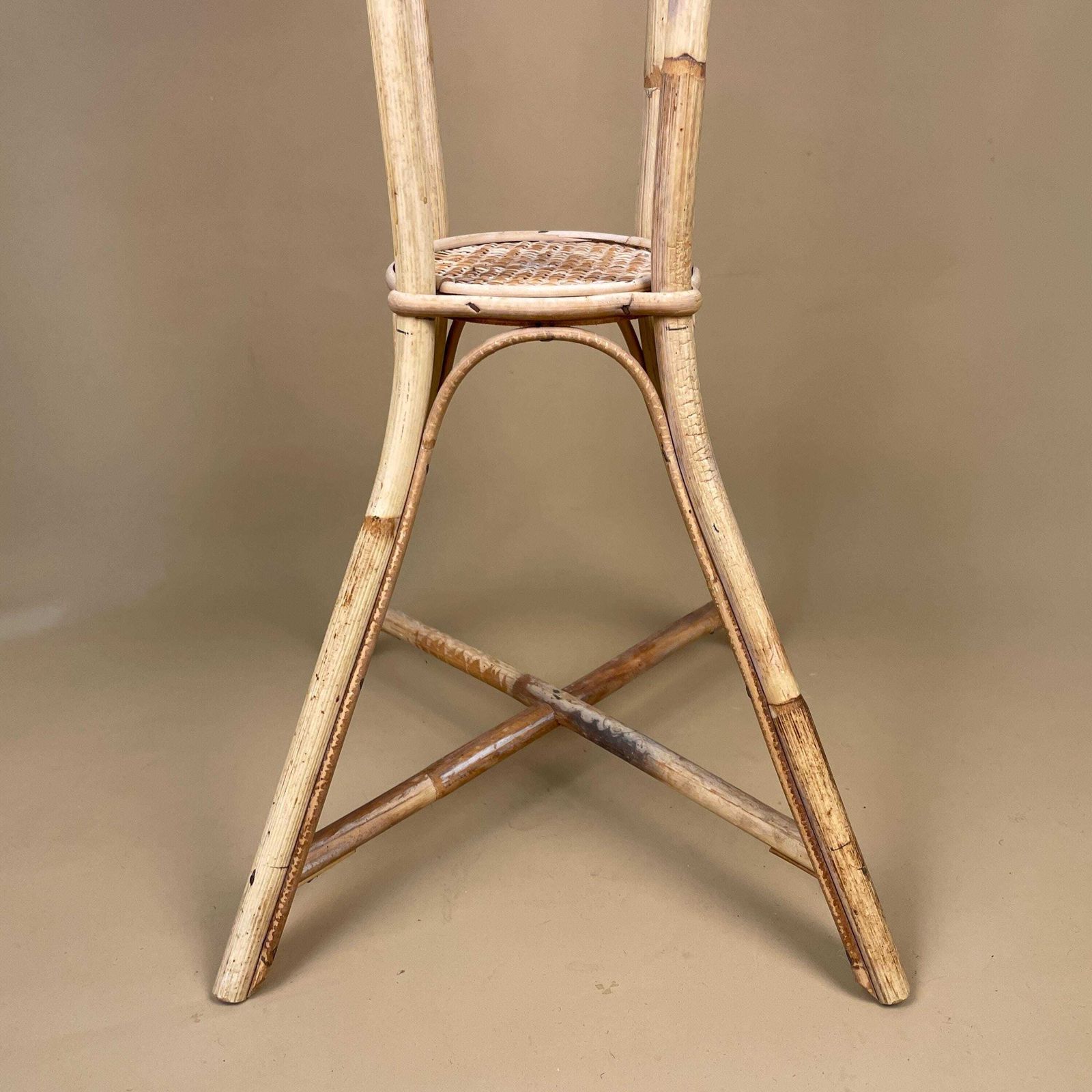 Vintage Bamboo Plant Stand Two Tier Rattan Woven Top Round Display Table Mid Century Natural Boho Accent Stand Indoor Brown photo 79.0