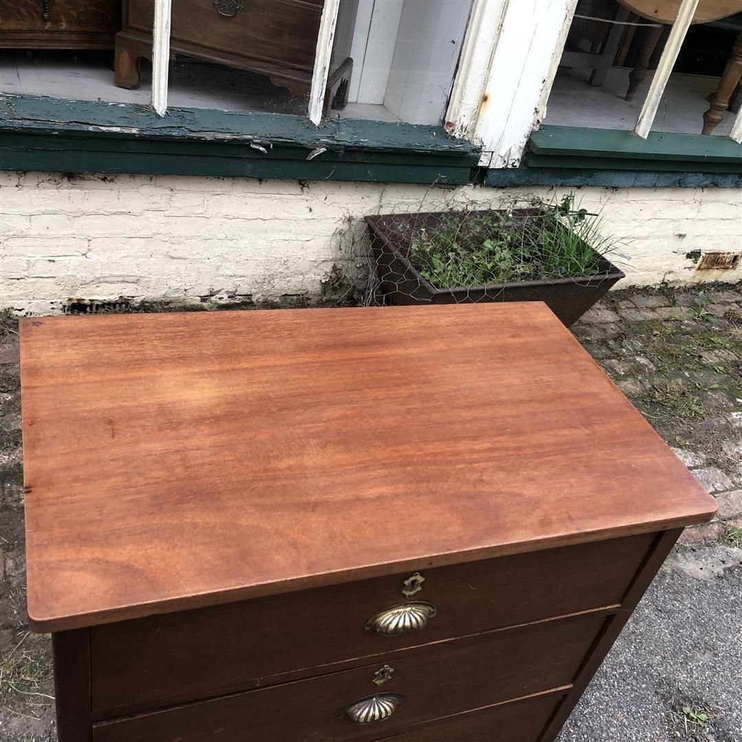Antique Mahogany Wood Chest Of Four Drawers Brass Cup Handles 1920s photo for sale