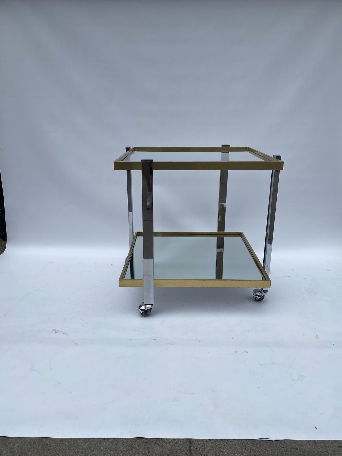 Square Brass Chrome 1970s Bar Cart Drinks Trolley Table Glass Mirror Hollywood Regency Romeo Rega Style Renato Zevi Italian photo furniture