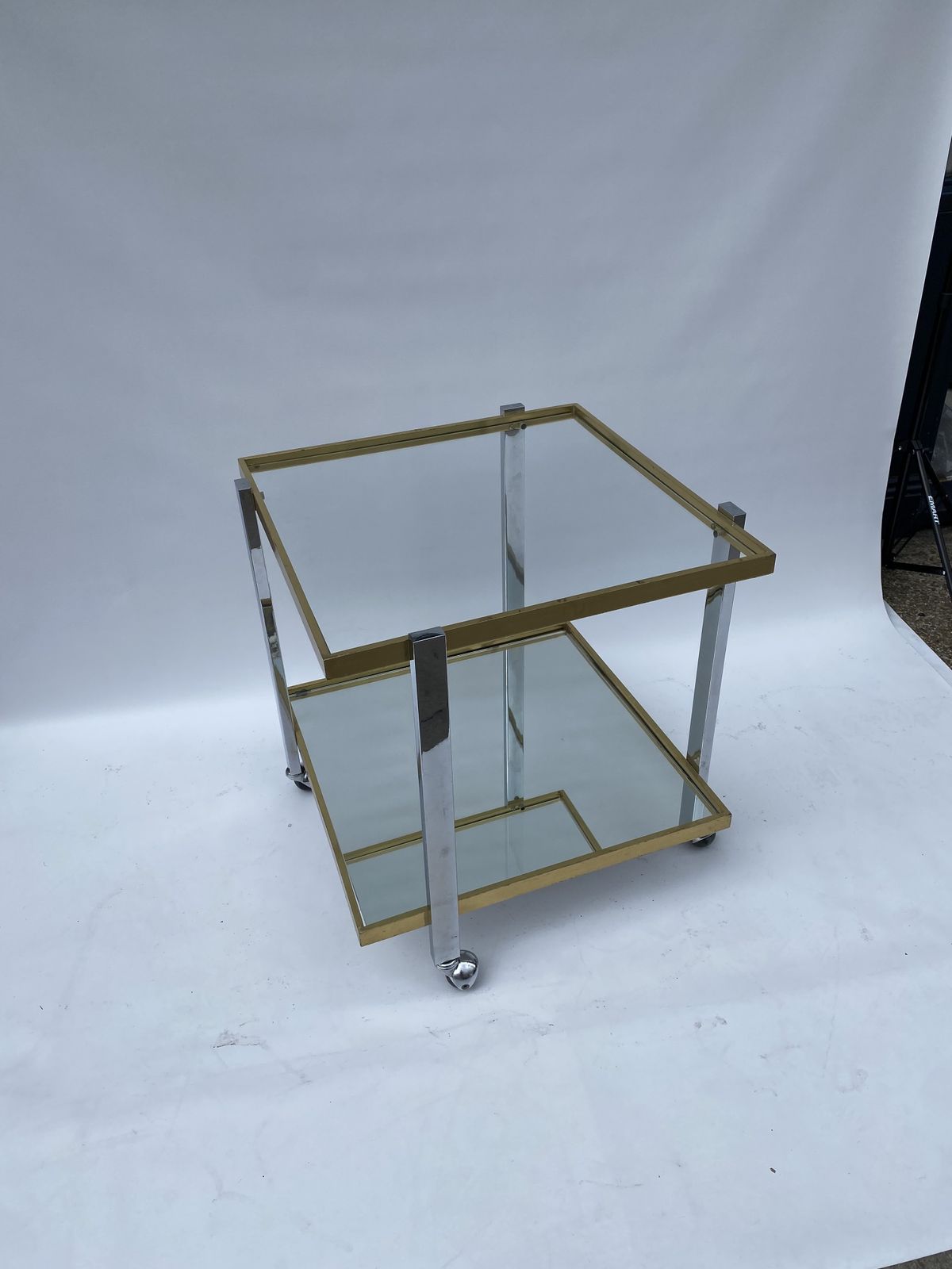 745.0 Square Brass Chrome 1970s Bar Cart Drinks Trolley Table Glass Mirror Hollywood Regency Romeo Rega Style Renato Zevi Italian photo