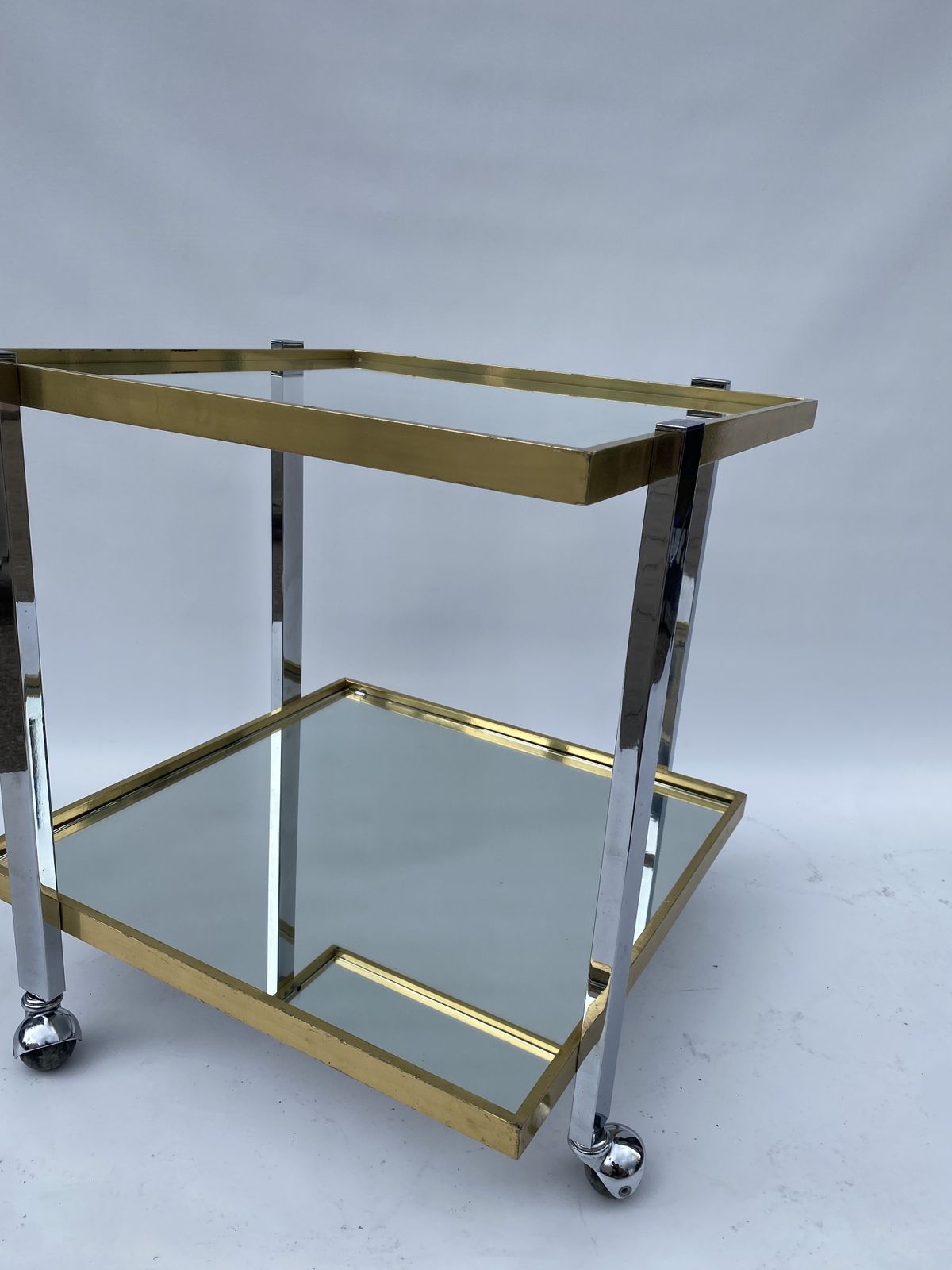 photo vinterior Square Brass Chrome 1970s Bar Cart Drinks Trolley Table Glass Mirror Hollywood Regency Romeo Rega Style Renato Zevi Italian