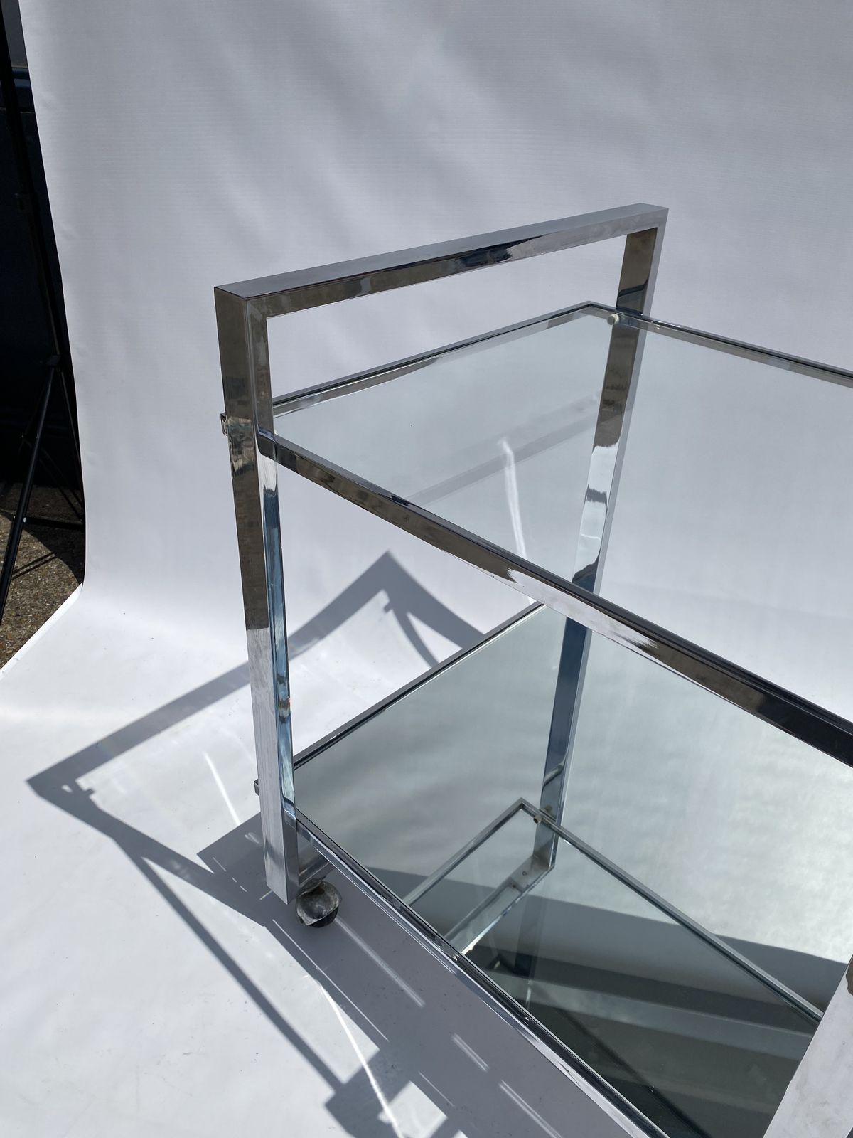 photo furniture Romeo Rega Chrome 1970s Square Drinks Bar Cart Trolley Table Glass Mirror Hollywood Regency Sofa Display