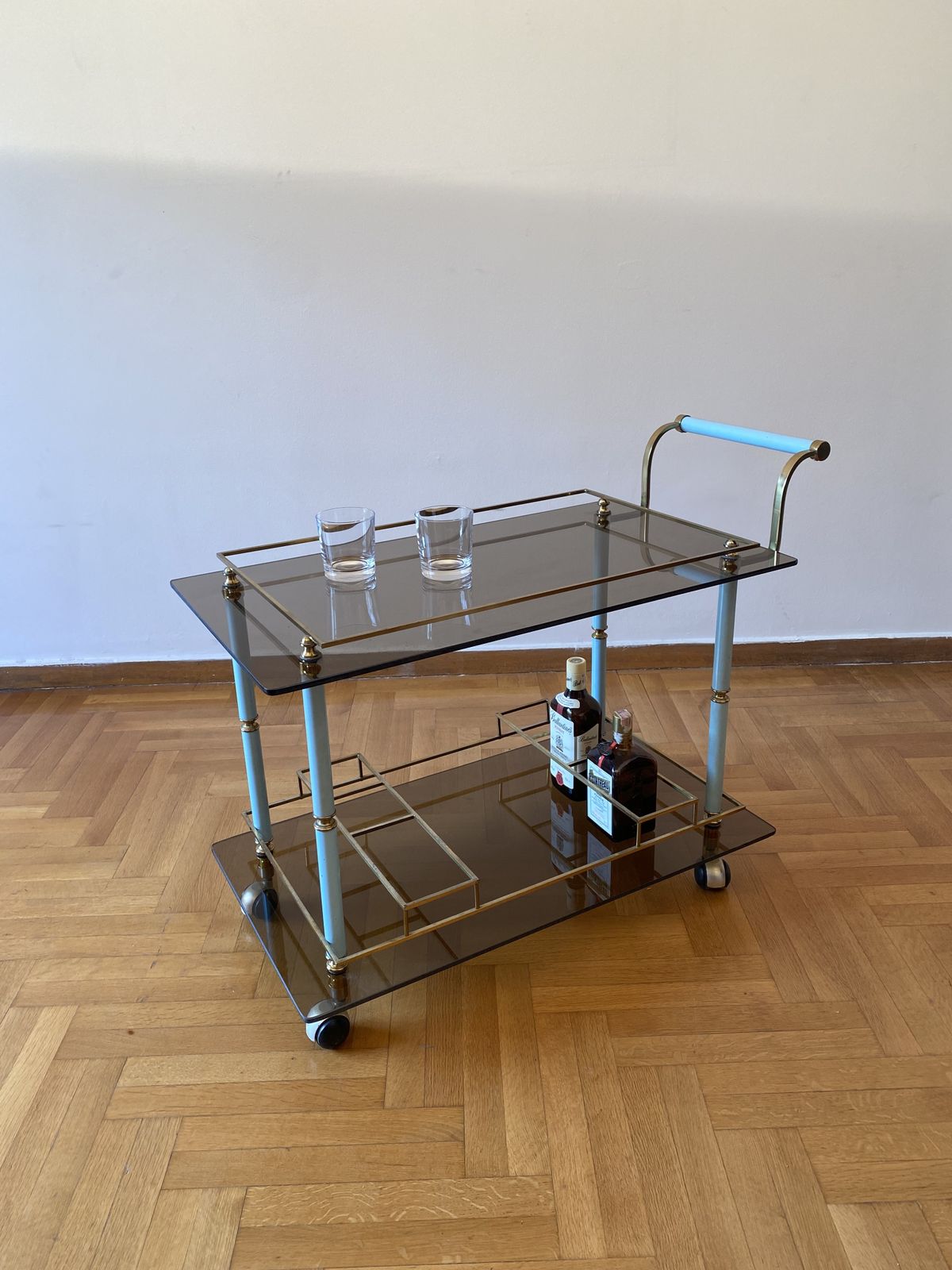 Furniture Teal 1960s Bar Cart Drinks Trolley Brass Table Smoked Glass Hollywood Regency Italian Serving photo