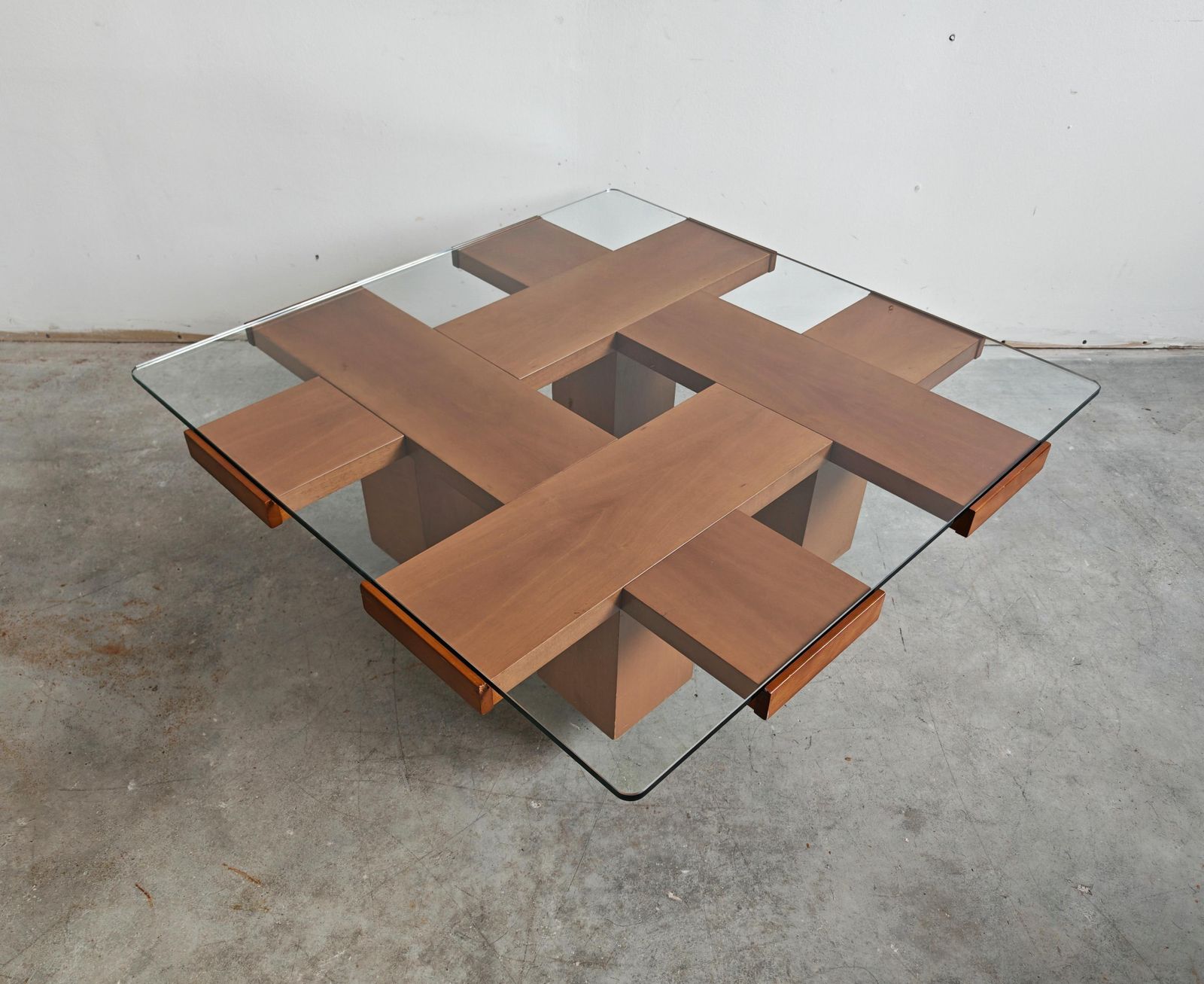 Mid Century Modern Coffee Table In Elm Wood With Grid Motif By Marco Zanuso photo for sale