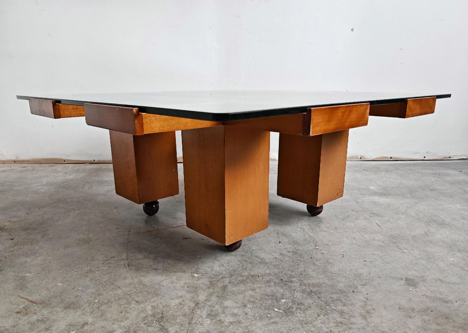Mid Century Modern Coffee Table In Elm Wood With Grid Motif By Marco Zanuso photo Furniture