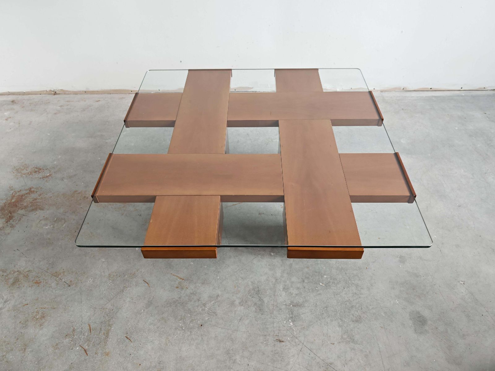 photo for sale Mid Century Modern Coffee Table In Elm Wood With Grid Motif By Marco Zanuso