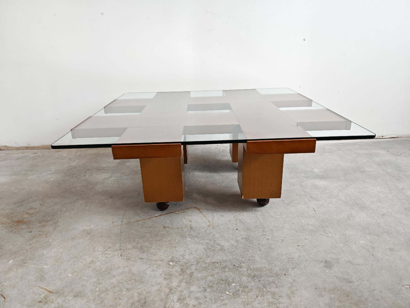 photo buy Mid Century Modern Coffee Table In Elm Wood With Grid Motif By Marco Zanuso