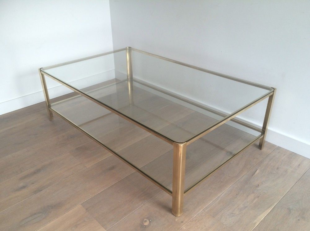 photo furniture Large Double Top Coffee Table In Polished Bronze And Glass Signed Jacques Théophile Lepelletier And Stamped Broncz