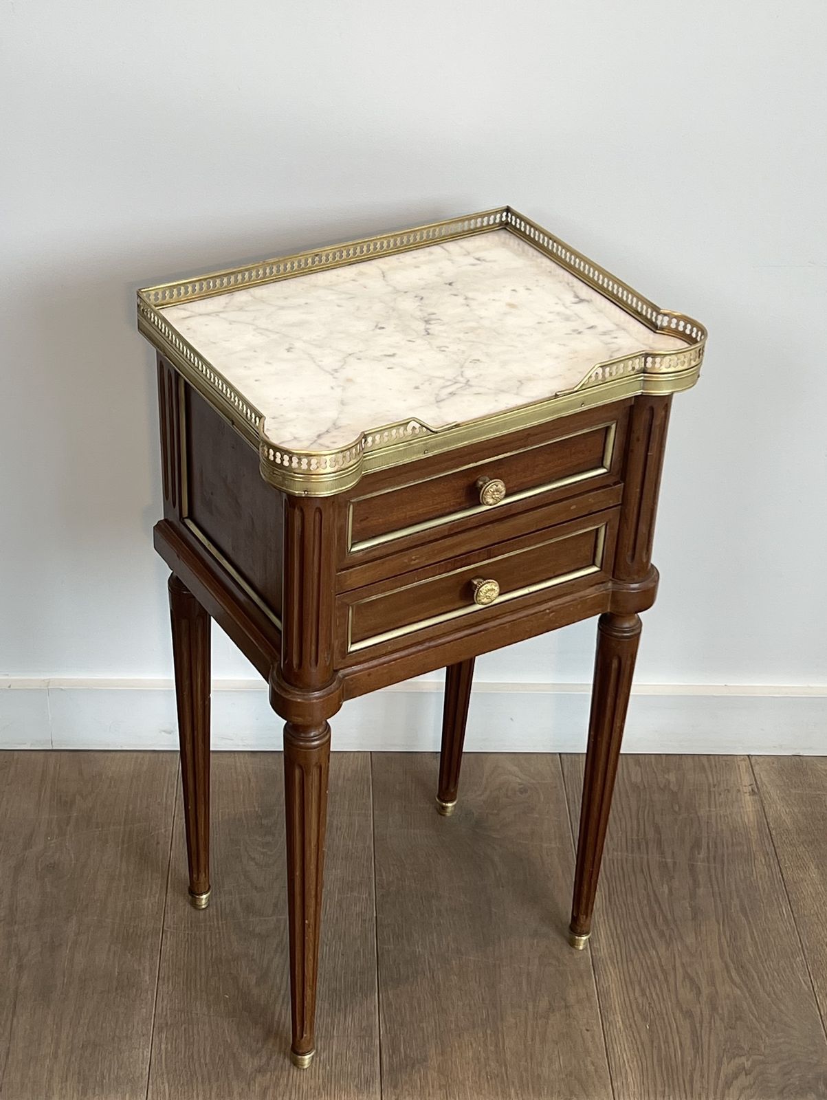 Pair Of Mahogany And Brass End Tables Or Bedside Tables With Carrara Marble Tops In The Style Of Maison Jansen. Circa 1940 photo Furniture
