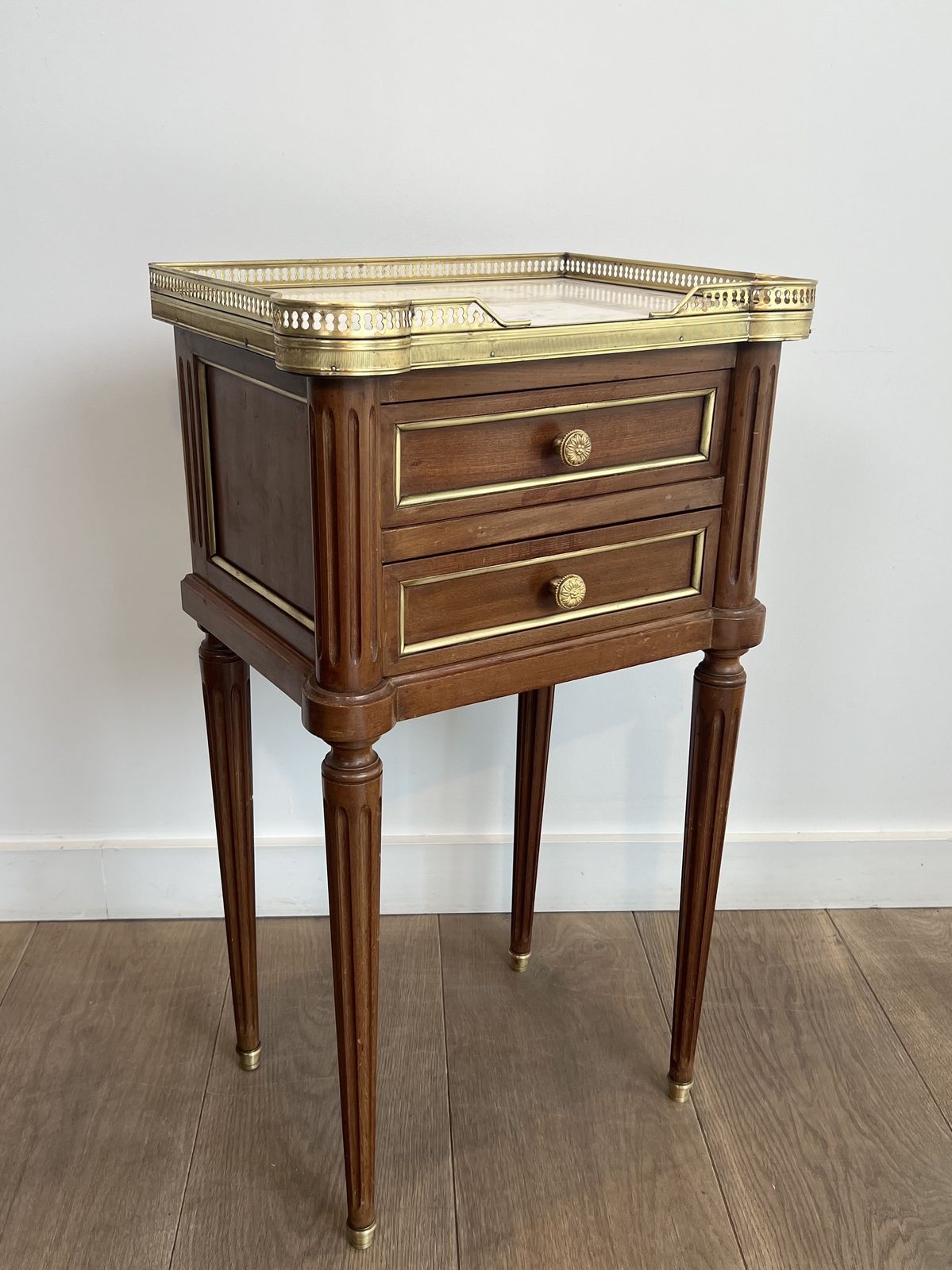 Pair Of Mahogany And Brass End Tables Or Bedside Tables With Carrara Marble Tops In The Style Of Maison Jansen. Circa 1940 photo 2450.0