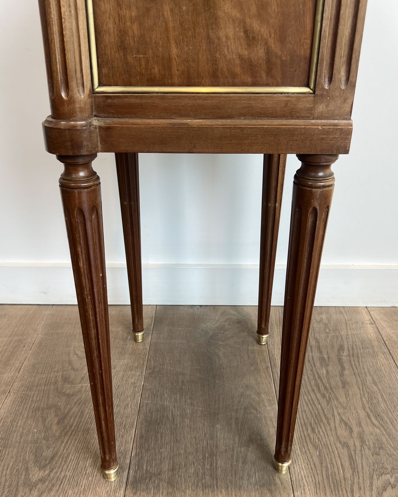 photo for sale Pair Of Mahogany And Brass End Tables Or Bedside Tables With Carrara Marble Tops In The Style Of Maison Jansen. Circa 1940